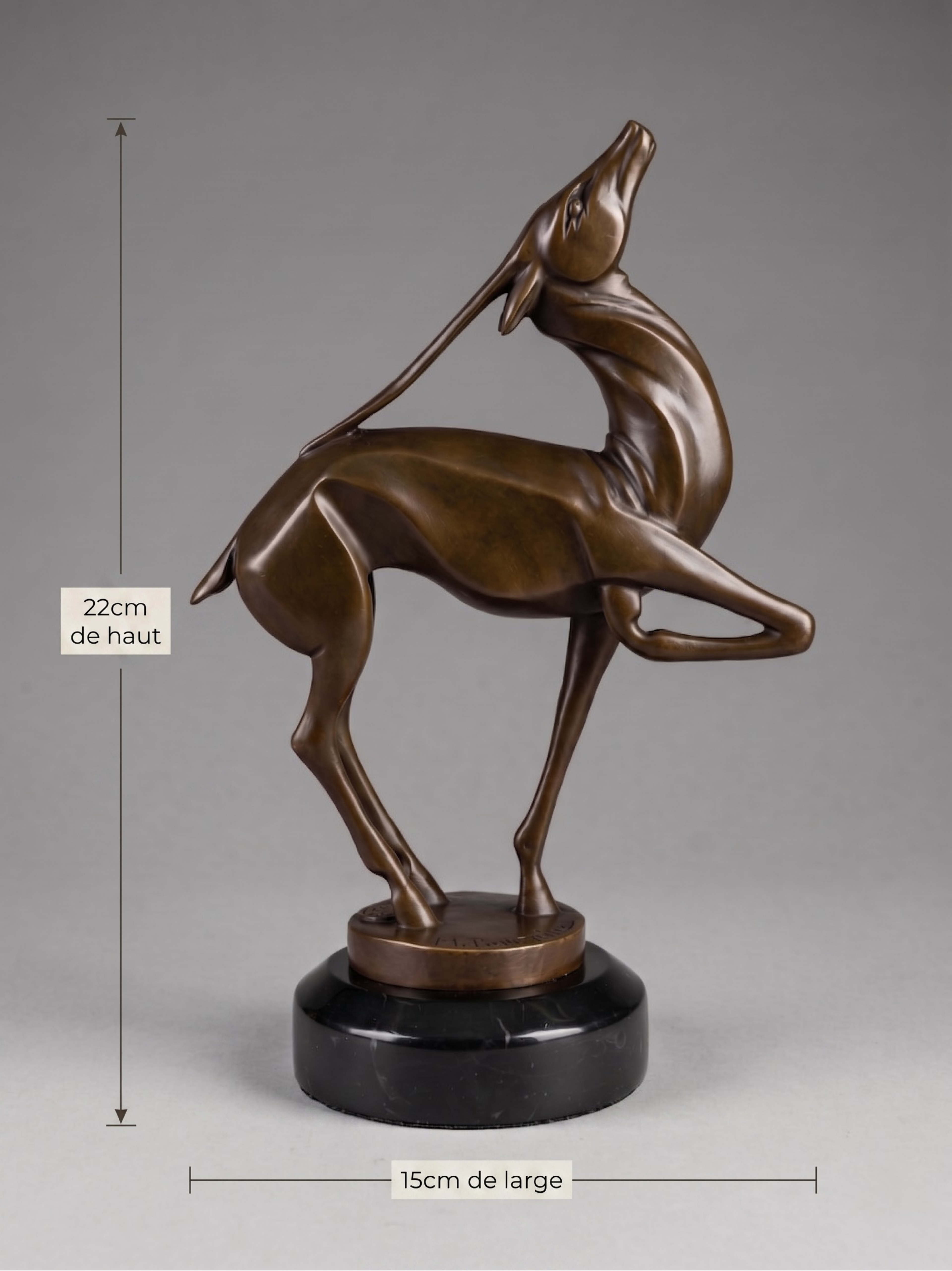 Art Deco patinated bronze antelope sculpture, after Marcel Bouraine, black marble base – 22 cm