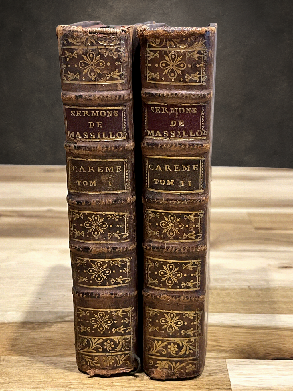 Paire de livres anciens reliés en plein cuir – Sermons de Massillon – Carême – Édition de 1769 – XVIIIe siècle
