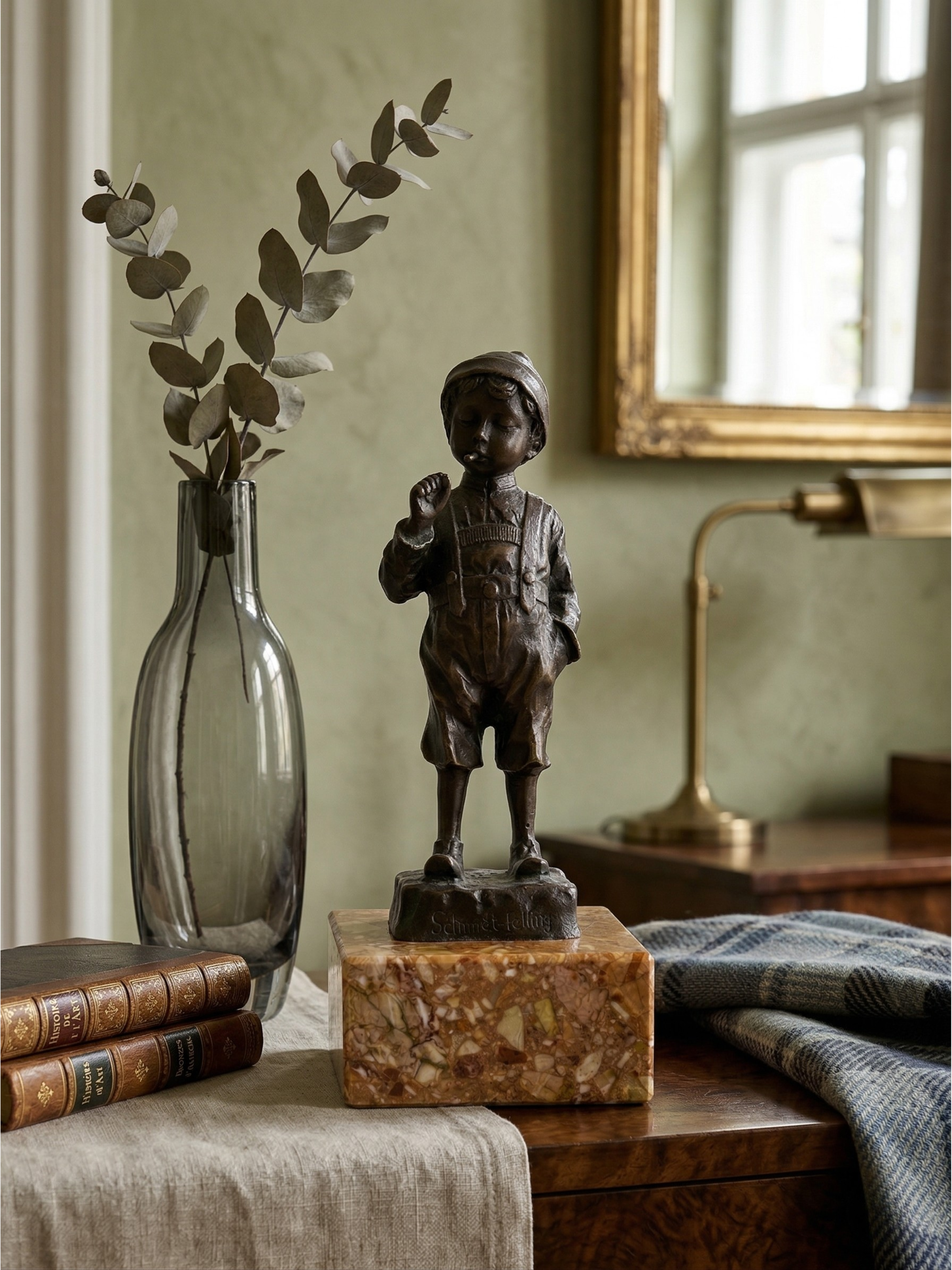 Bronze ancien signé Schmidt-Felling – Jeune garçon – Sculpture Belle Époque - 24cm