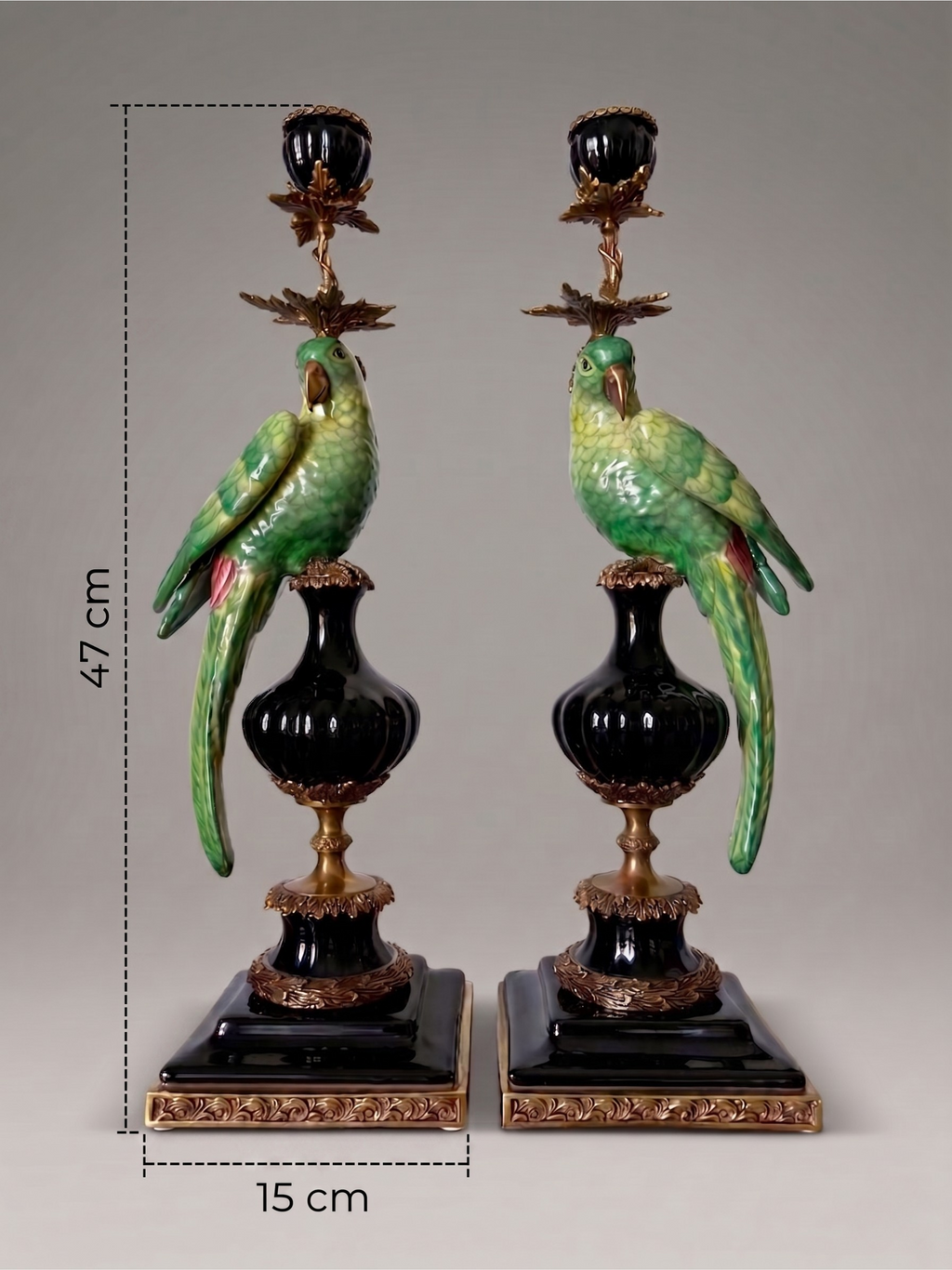 Pair of parrot candlesticks in porcelain and gilt bronze – Louis XVI style – 47 cm