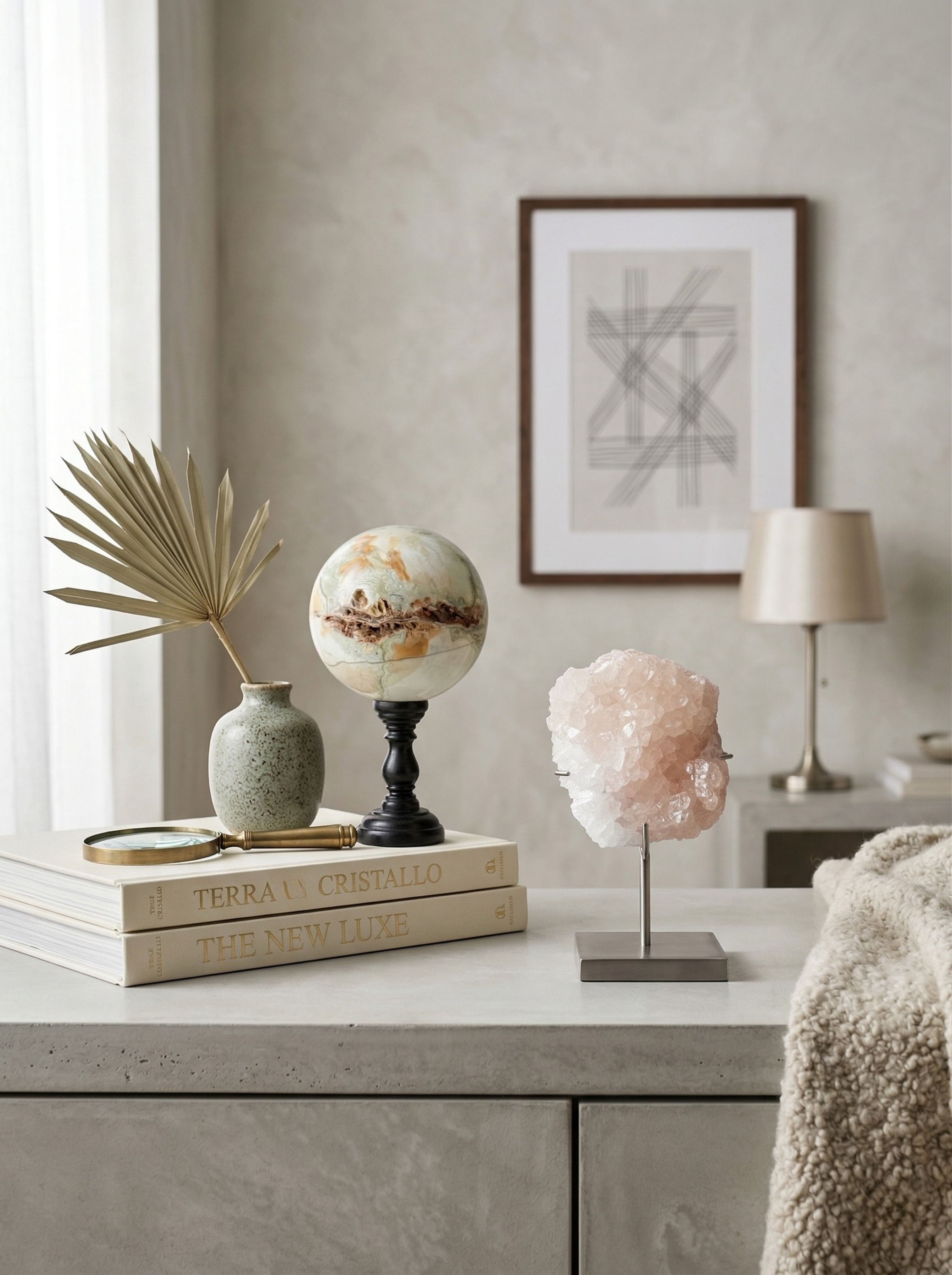 Decorative Duo — Banded calcite sphere (onyx marble) & calcite crystal on stands