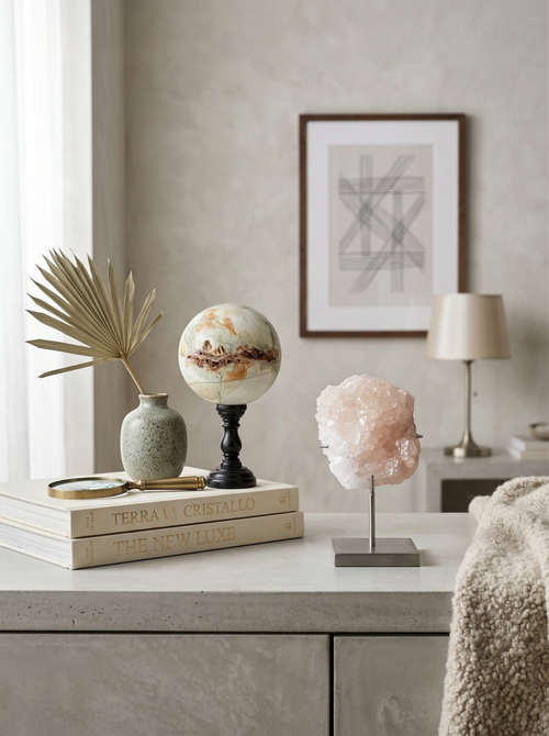 Duo décoratif — Sphère en calcite bandée (onyx marbre) & cristal de calcite sur socles
