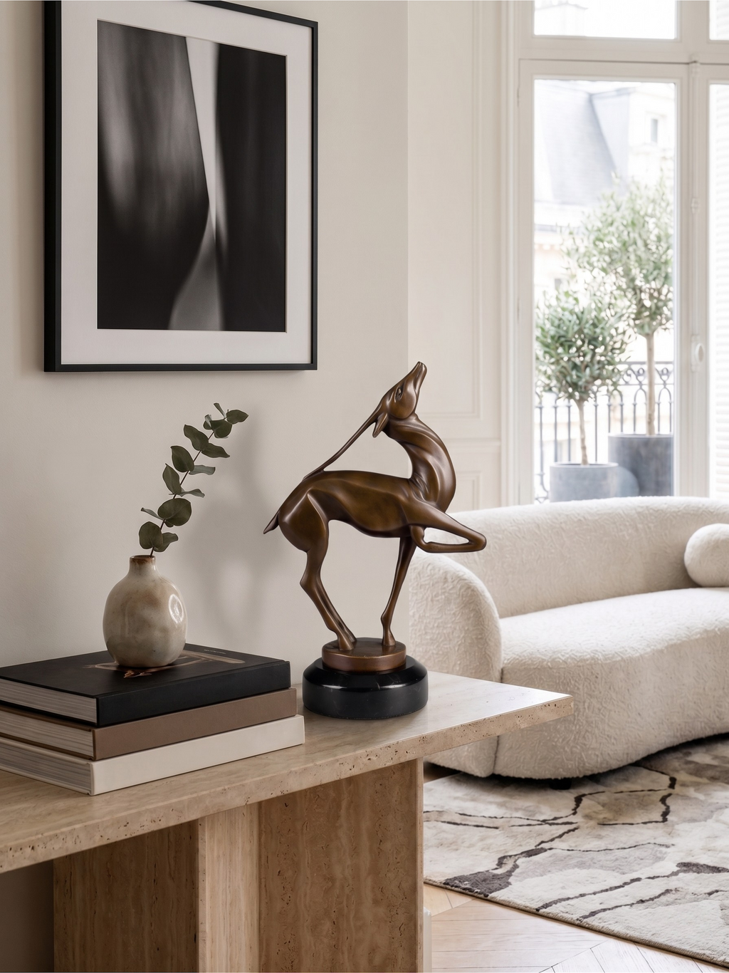 Art Deco patinated bronze antelope sculpture, after Marcel Bouraine, black marble base – 22 cm