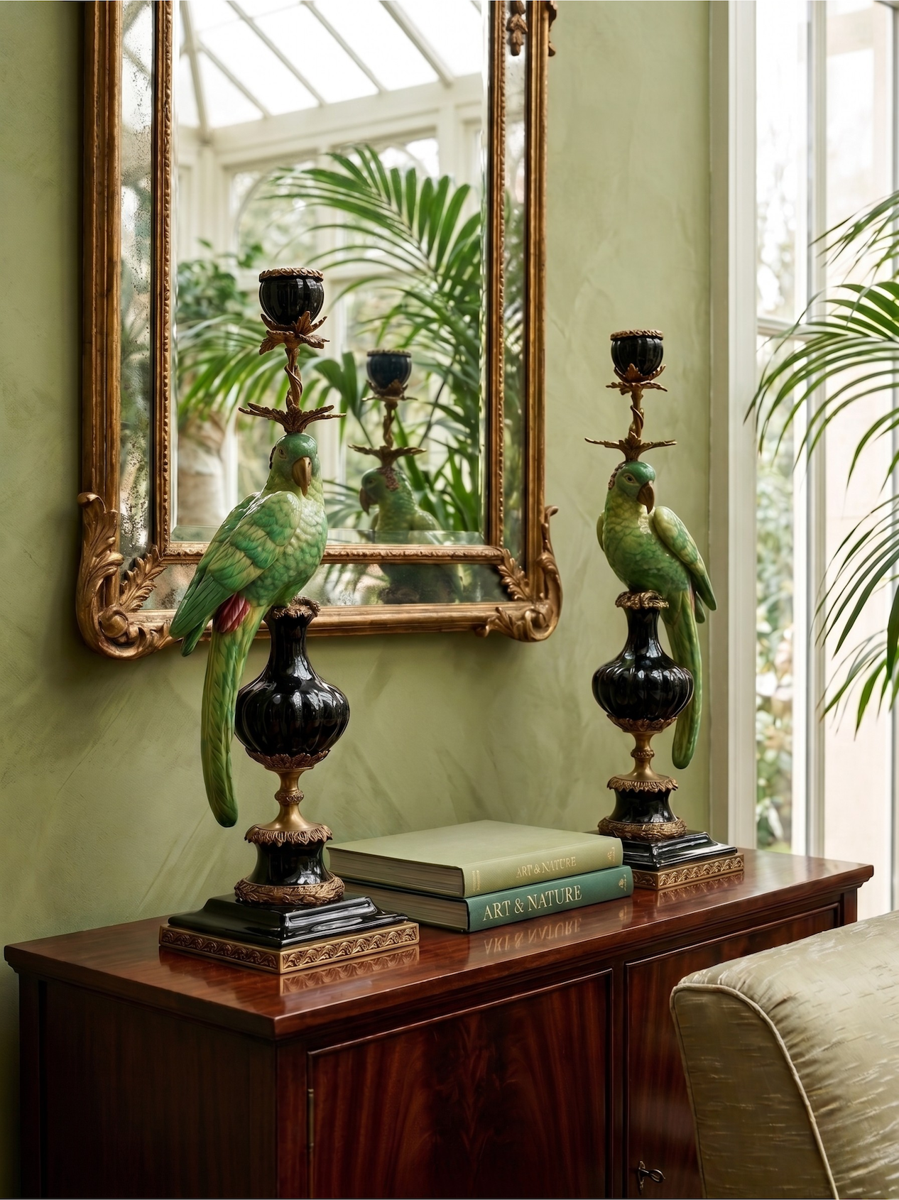 Pair of parrot candlesticks in porcelain and gilt bronze – Louis XVI style – 47 cm