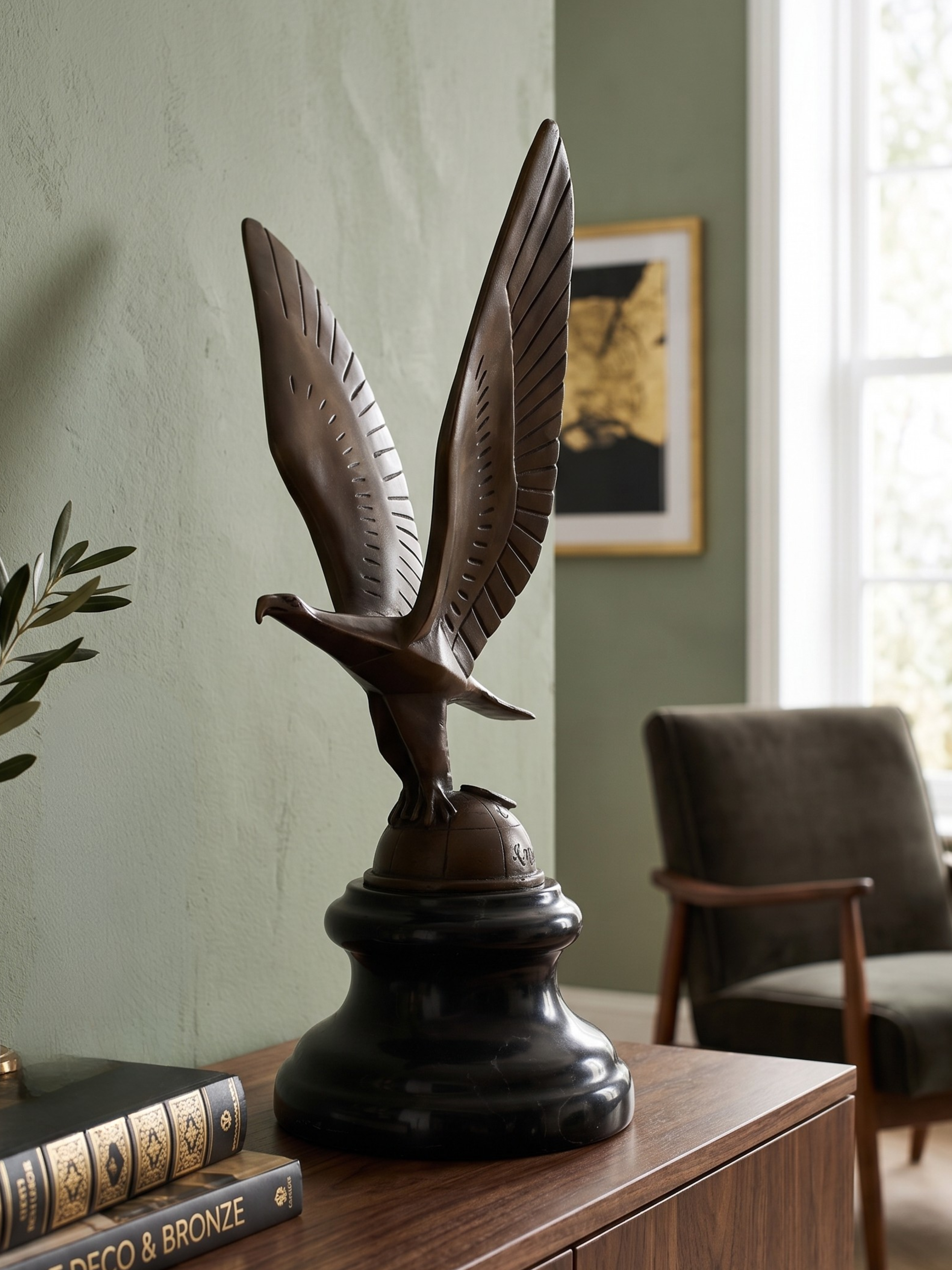 Sculpture d’aigle moderniste en bronze patiné signée C. Brau – socle noir – style Art Déco