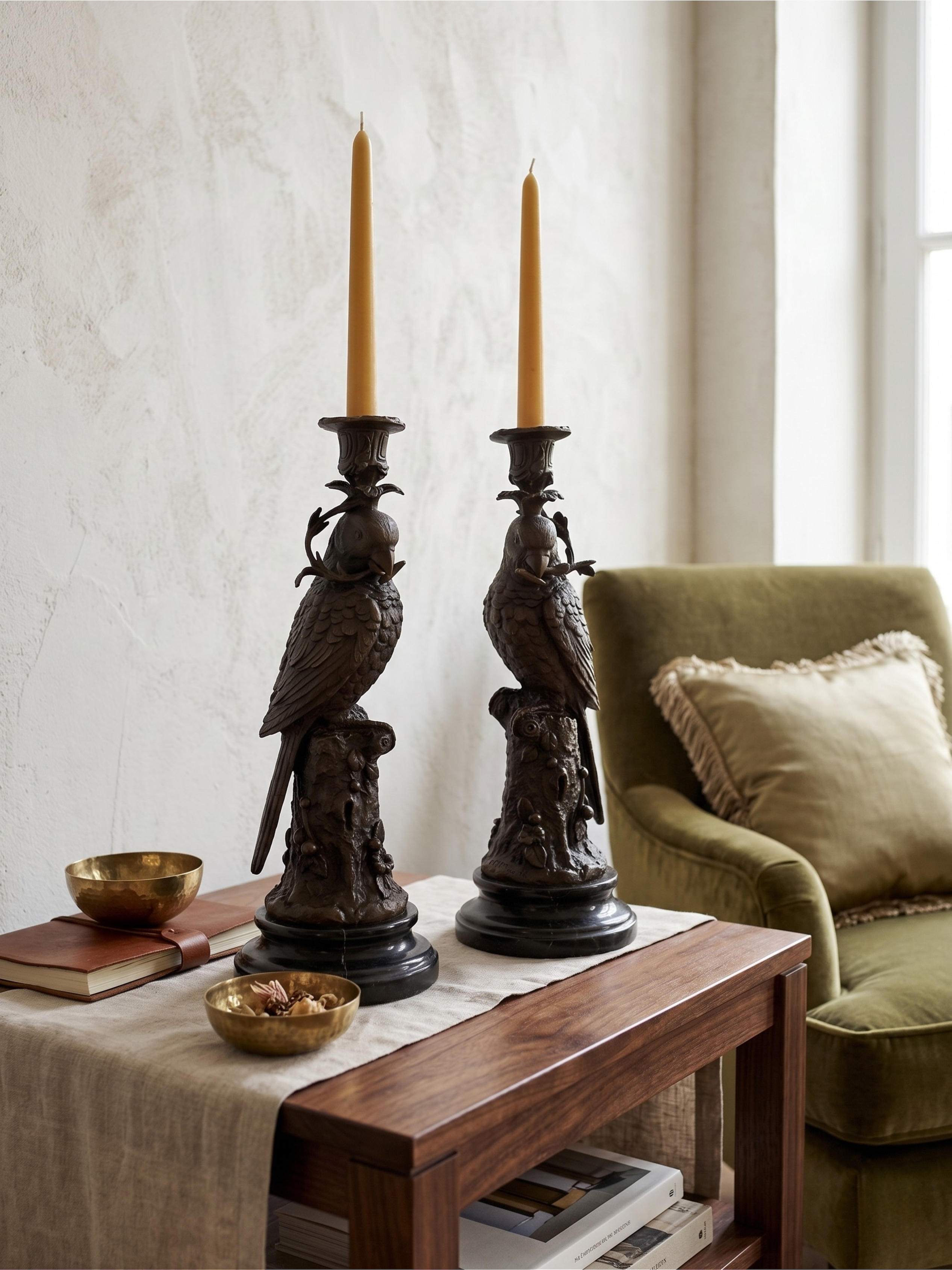 Paire de bougeoirs aux perroquets en bronze patiné sur socles noirs – Style Napoléon III / XIXe