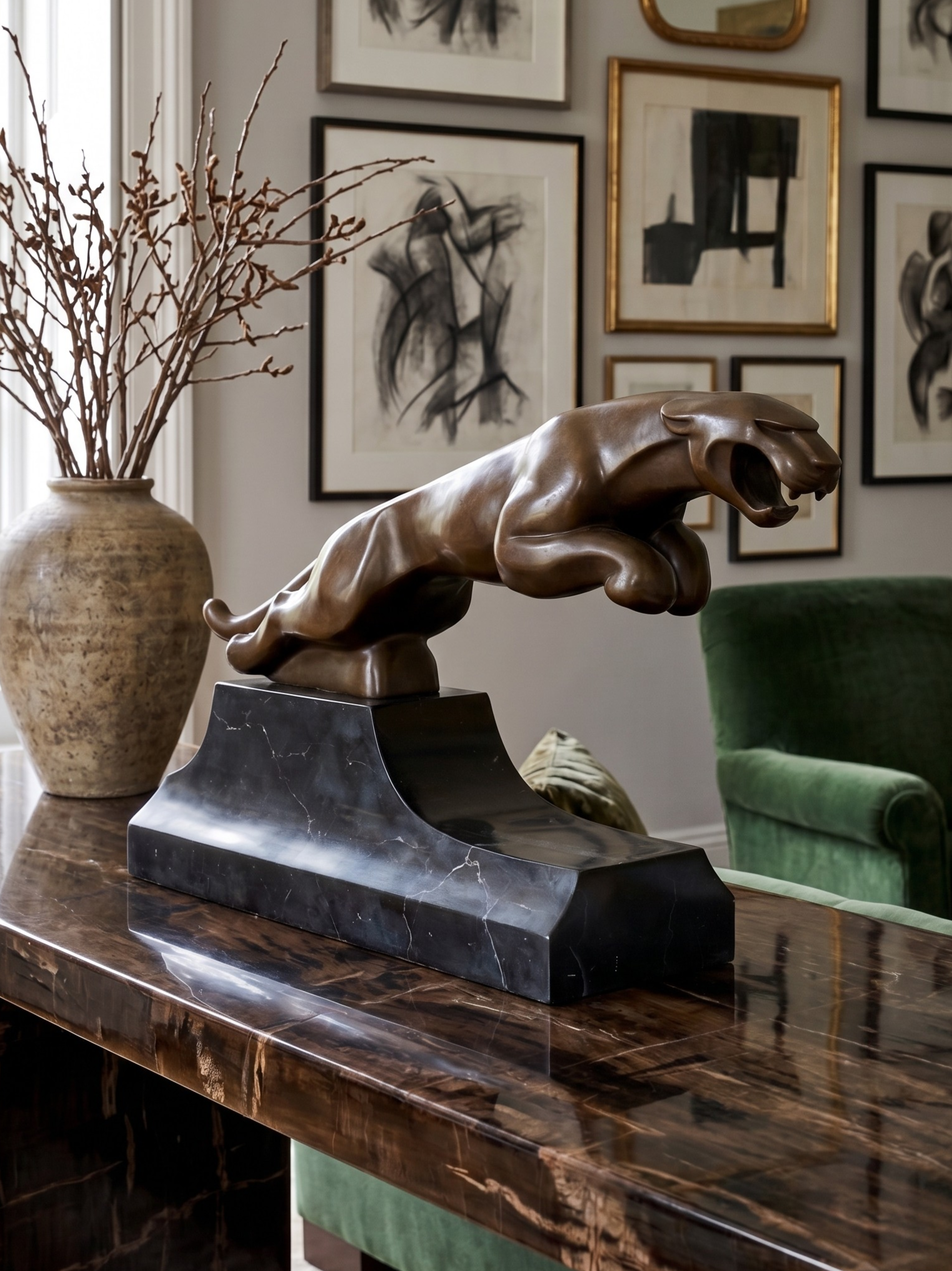 Grande sculpture Jaguar Art Déco en bronze patiné sur socle noir architectural – 64 cm – JB Déposé Paris