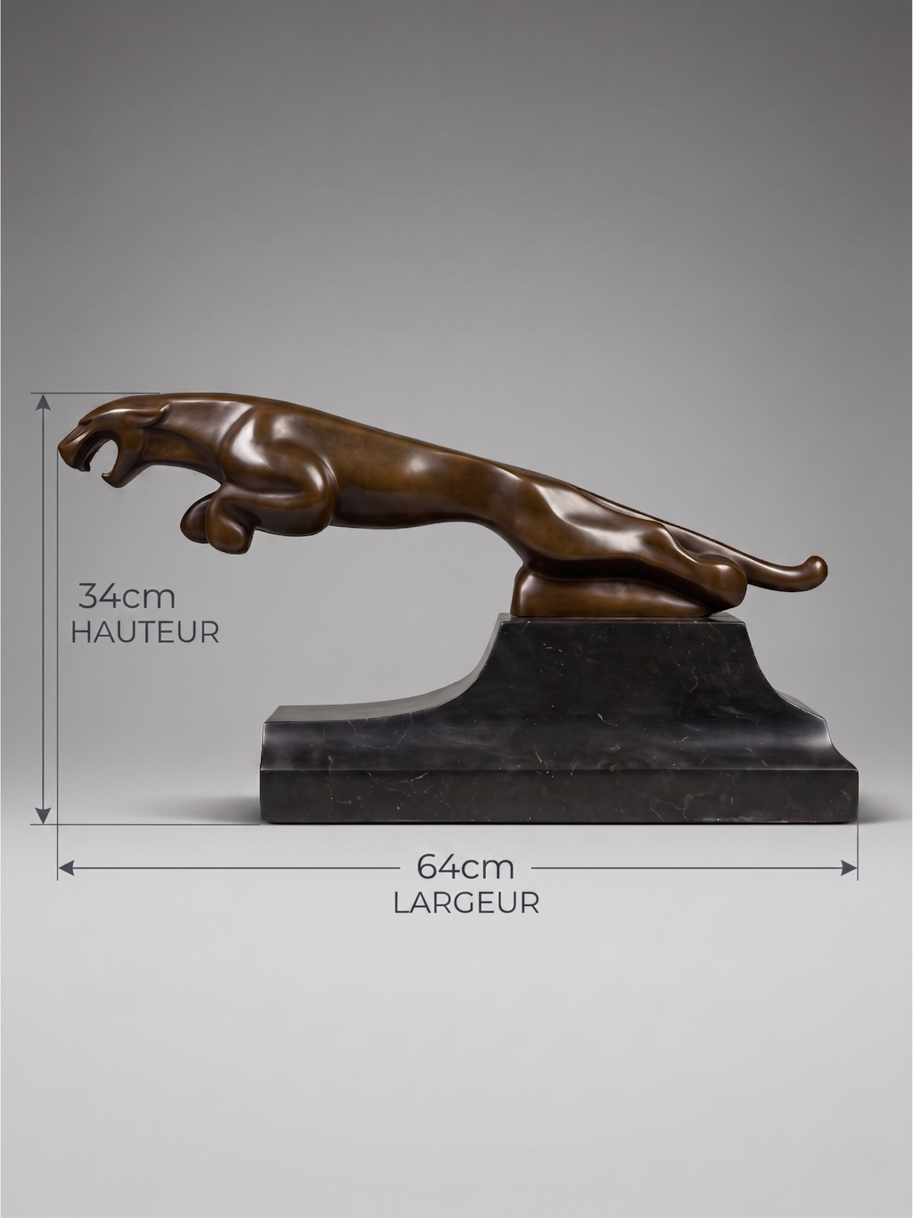 Grande sculpture Jaguar Art Déco en bronze patiné sur socle noir architectural – 64 cm – JB Déposé Paris