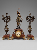 Grande garniture de cheminée Napoléon III en marbre rouge et régule patiné signée Guillemin – pendule & candélabres XIXe