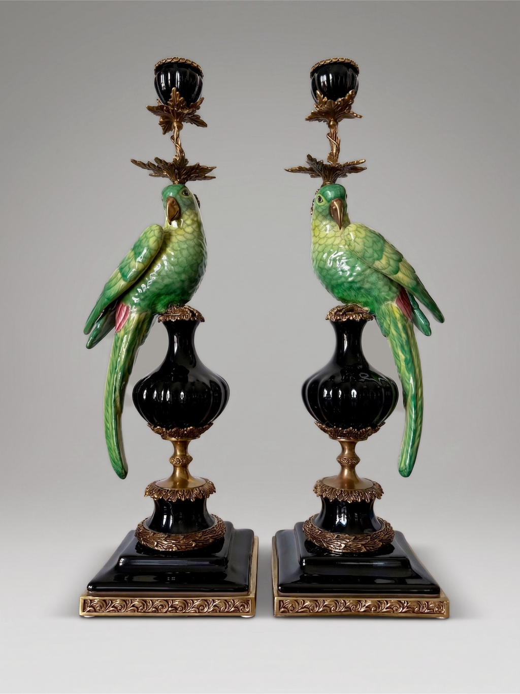 Pair of parrot candlesticks in porcelain and gilt bronze – Louis XVI style – 47 cm