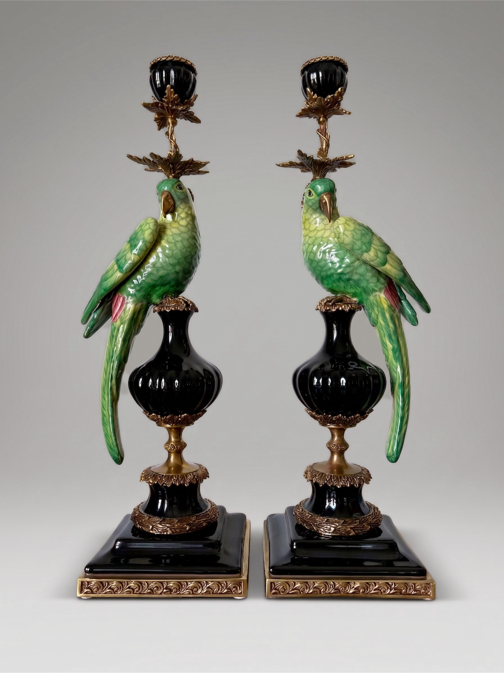 Pair of parrot candlesticks in porcelain and gilt bronze – Louis XVI style – 47 cm