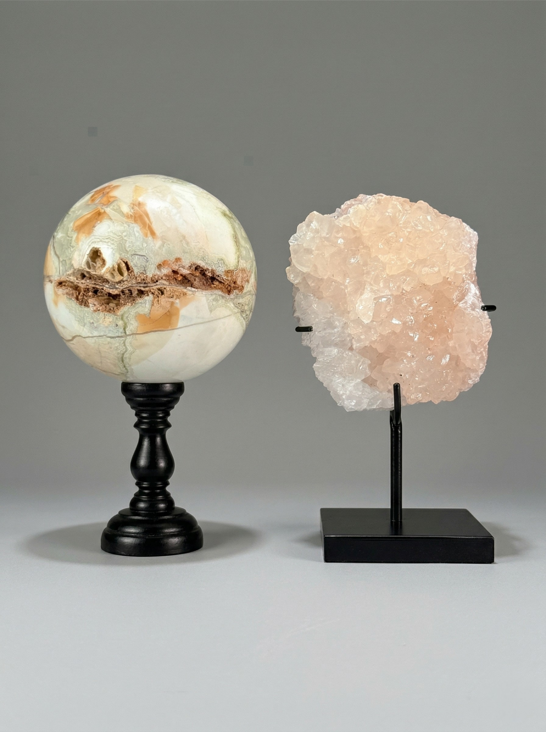 Decorative Duo — Banded calcite sphere (onyx marble) & calcite crystal on stands