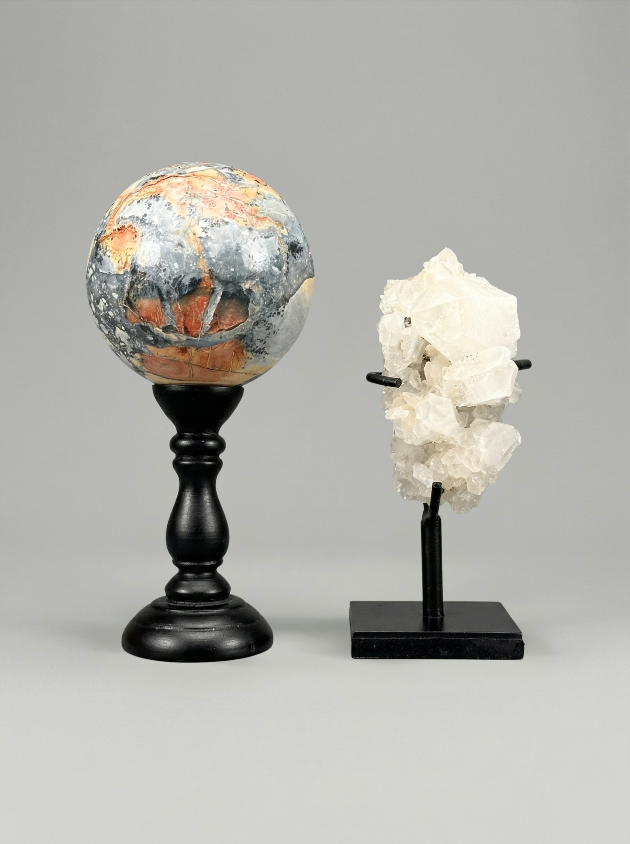 Decorative duo — Maligano Jasper sphere & quartz cluster on bases