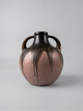 Vase en grès signé Méténier, double anse, émail flammé rose et noir – 22 cm