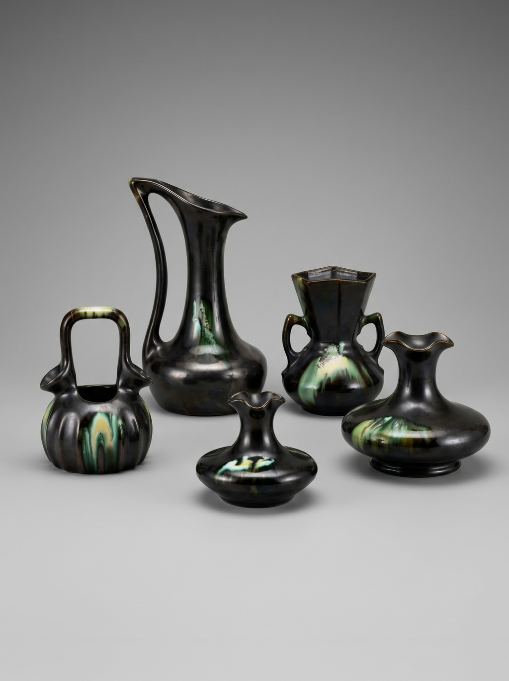 Grande collection de 5 céramiques belges modernistes émaillées – Thulin / AIRAIN – Art Déco – années 1930-50