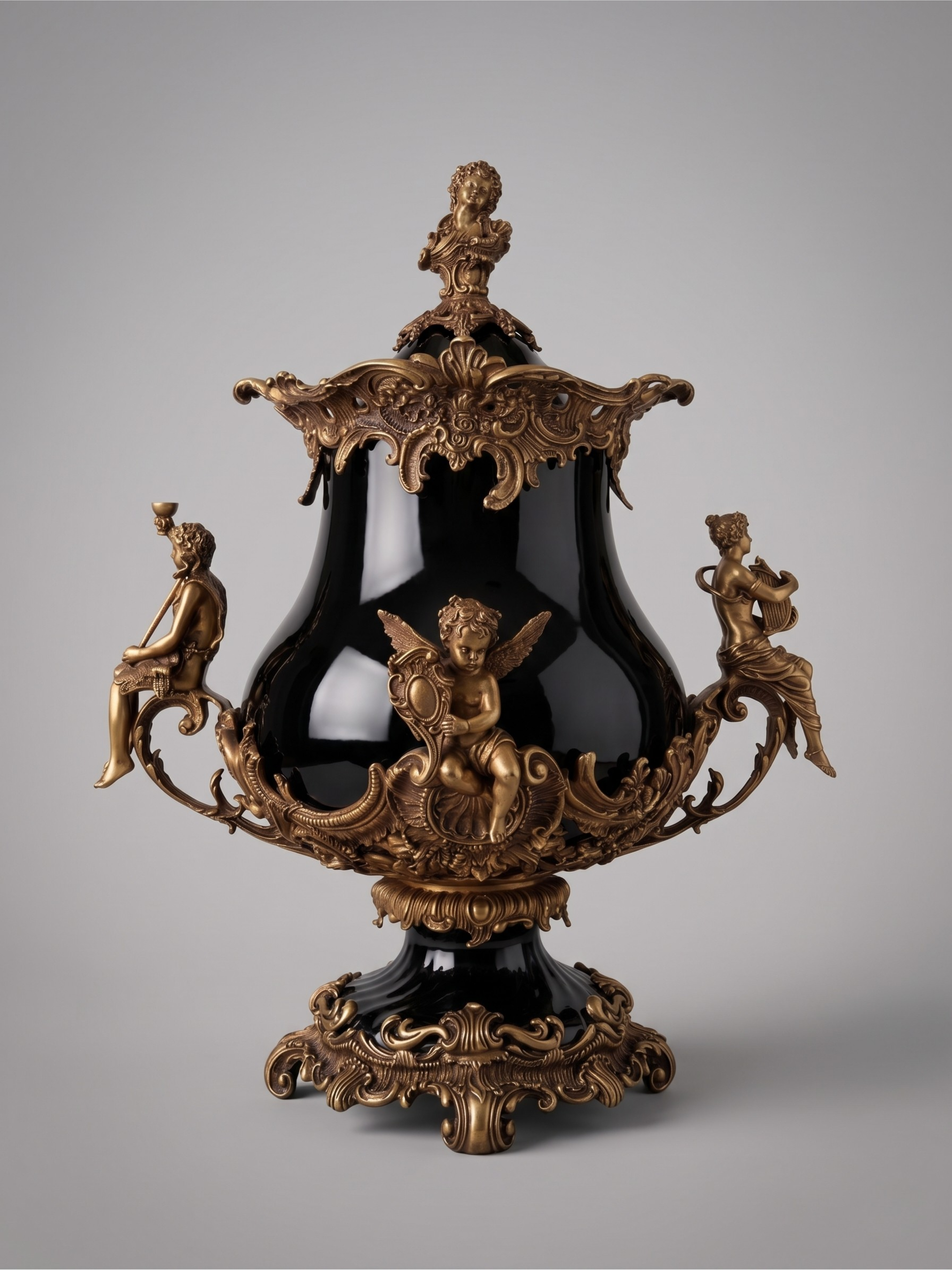 Grande urne couverte style Napoléon III en porcelaine noire et bronze – décor rocaille aux angelots – 49 cm