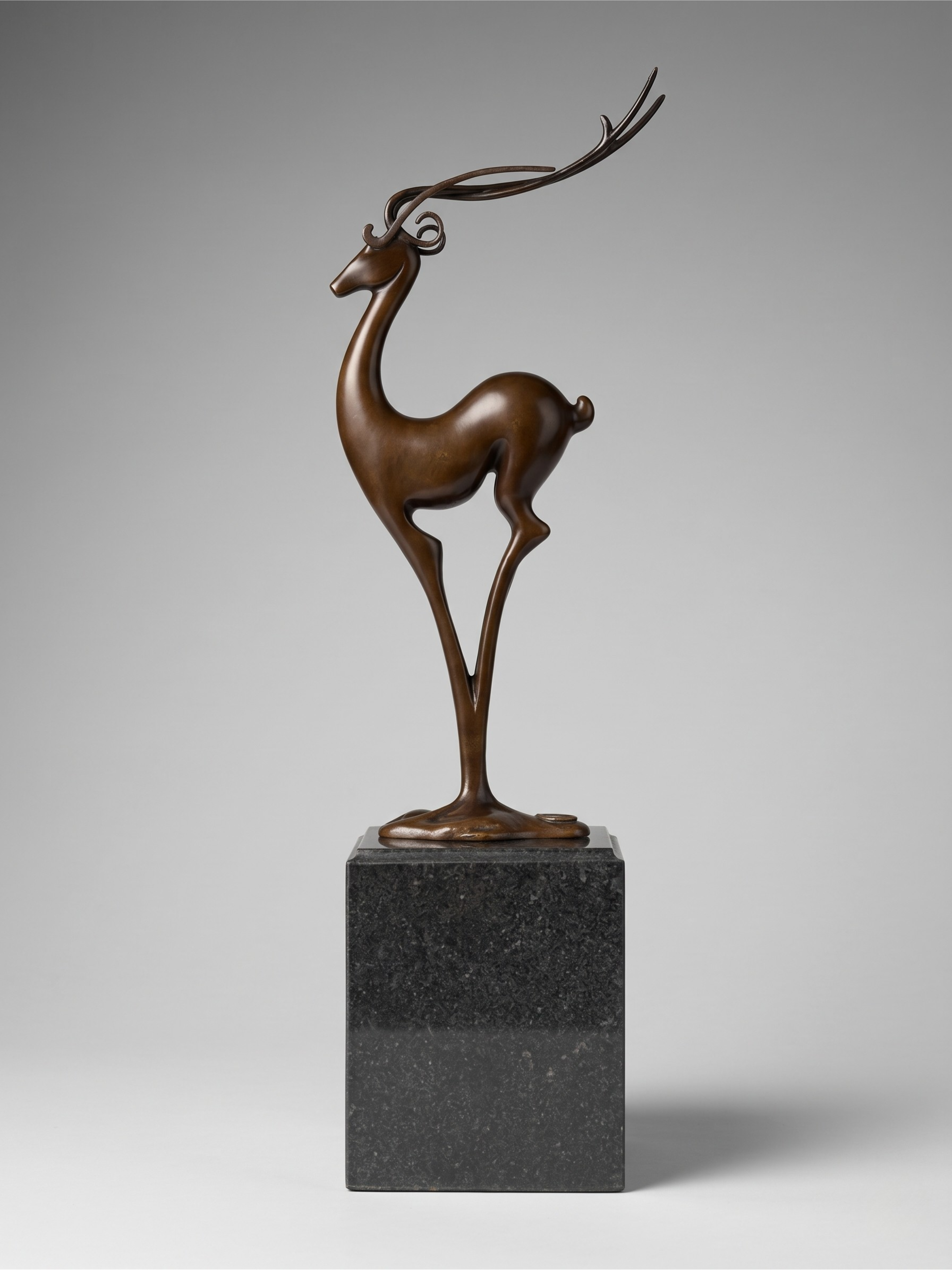 Sculpture de cerf Art Déco en bronze patiné signé Coenrad sur socle effet marbre - 40 cm