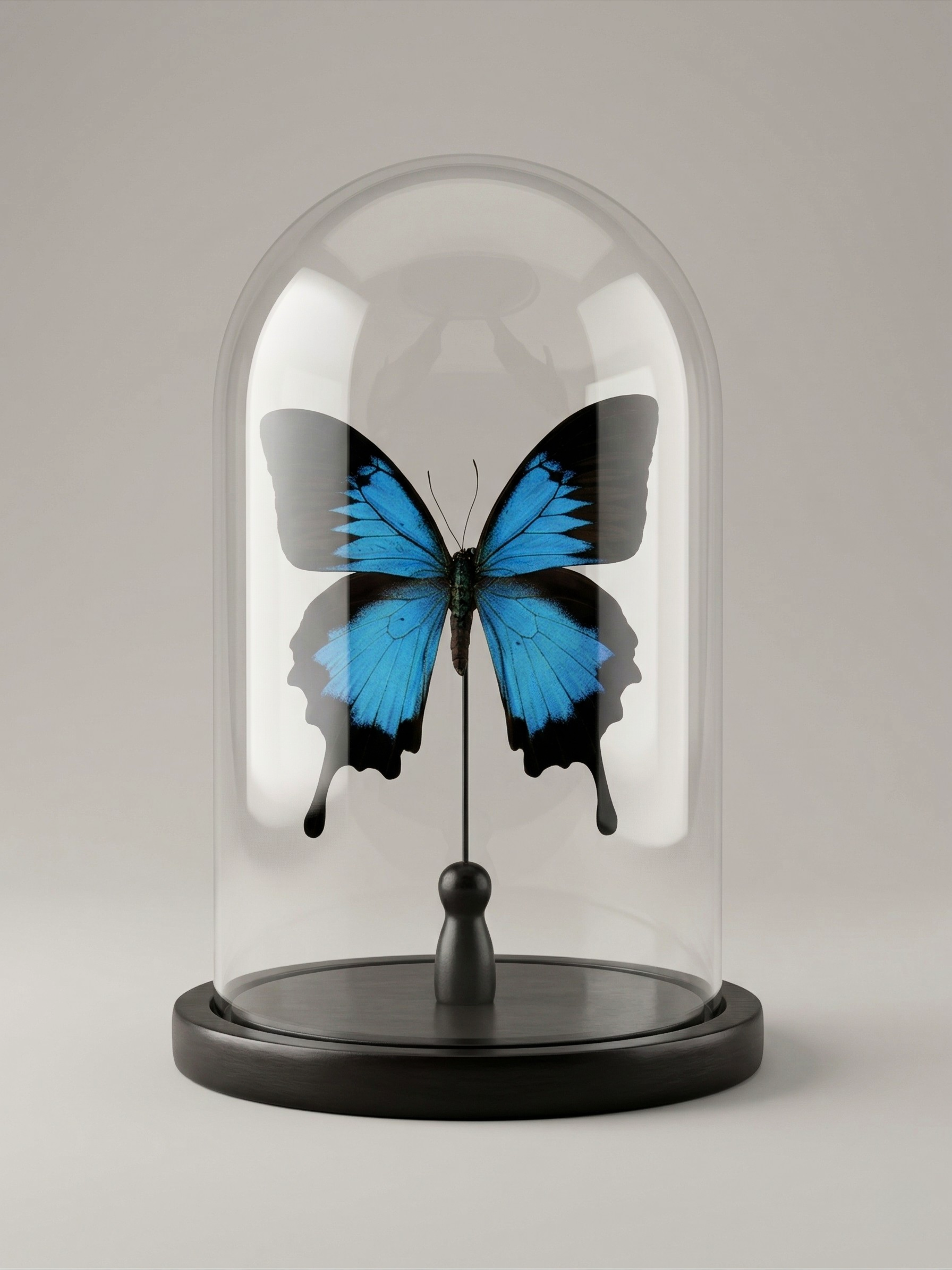 Papilio Ulysses Schmetterling, naturgetreu unter Glassturz – Großformat – exotisches Exemplar – 21 cm
