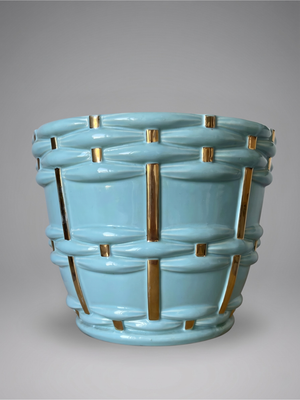 Cache-pot jardinière Saint-Clément signé Blanche Letalle modèle 4086-000 en céramique bleu et dorure – 28 cm