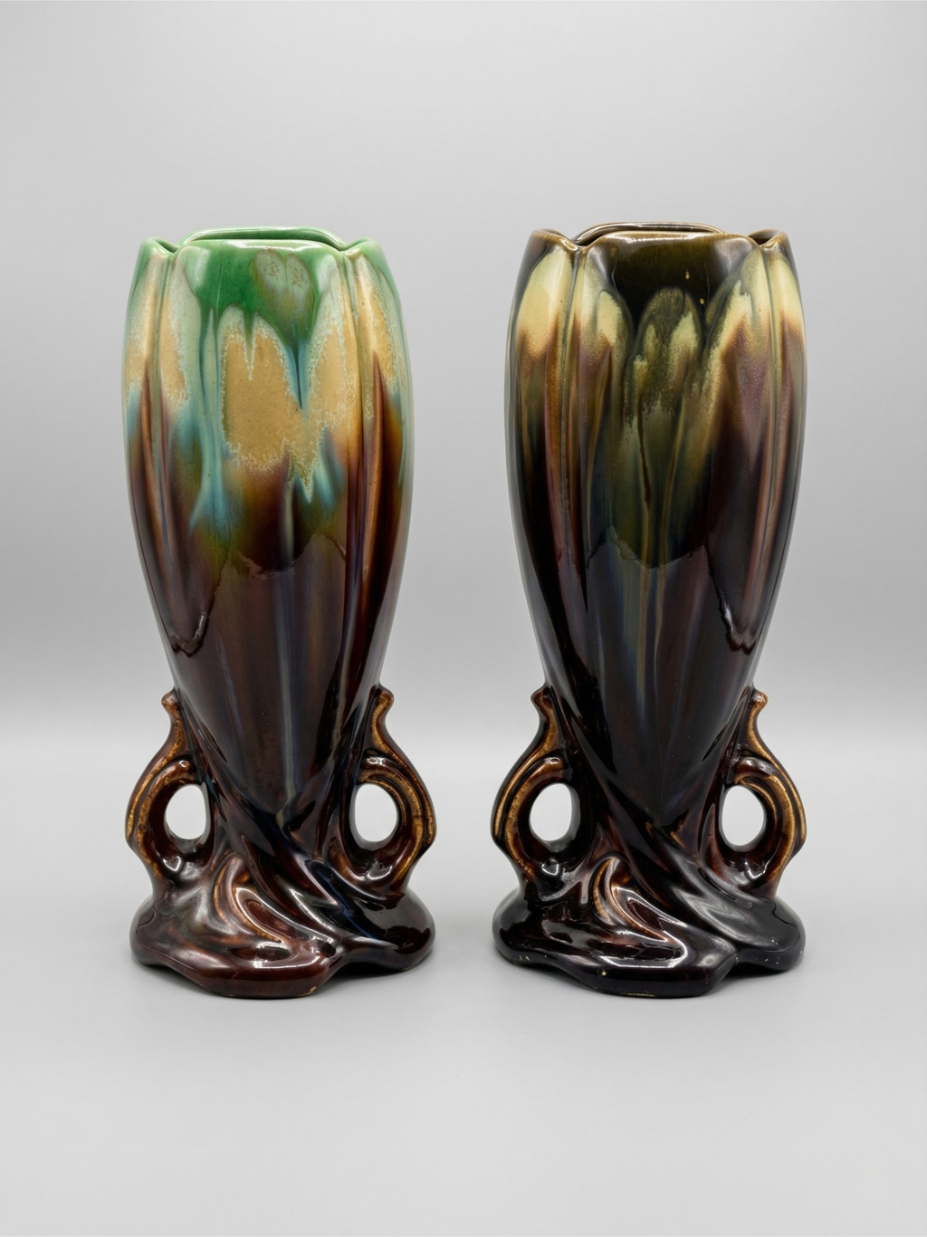 Paire de vases Art Déco / Mid-Century – Faïence belge (attribué Thulin) – Glaçure coulée - 28cm