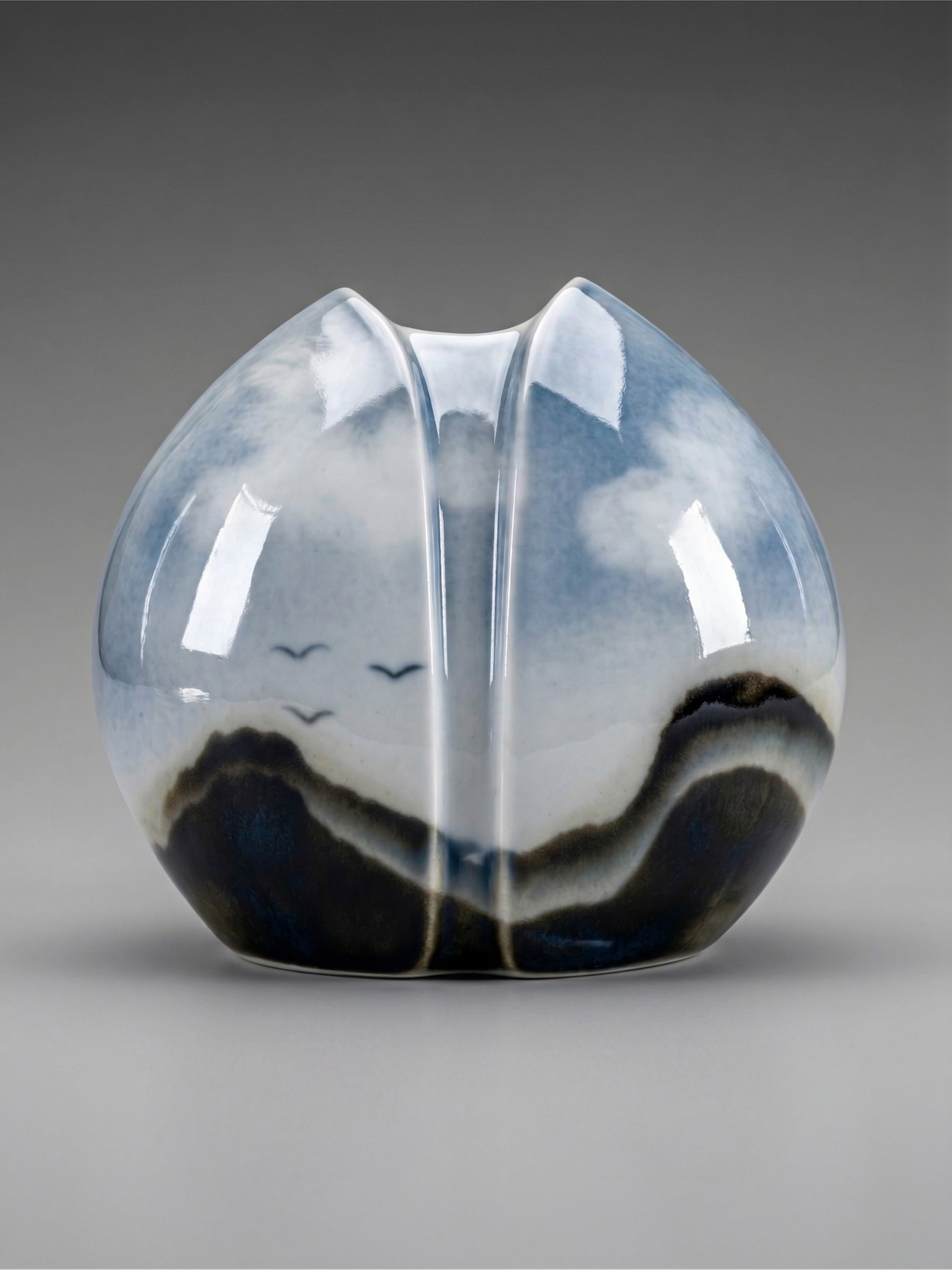 Vase aus Virebent-Porzellan – stilisiertes Landschaftsdekor – organisches Design – Made in France – 18 cm