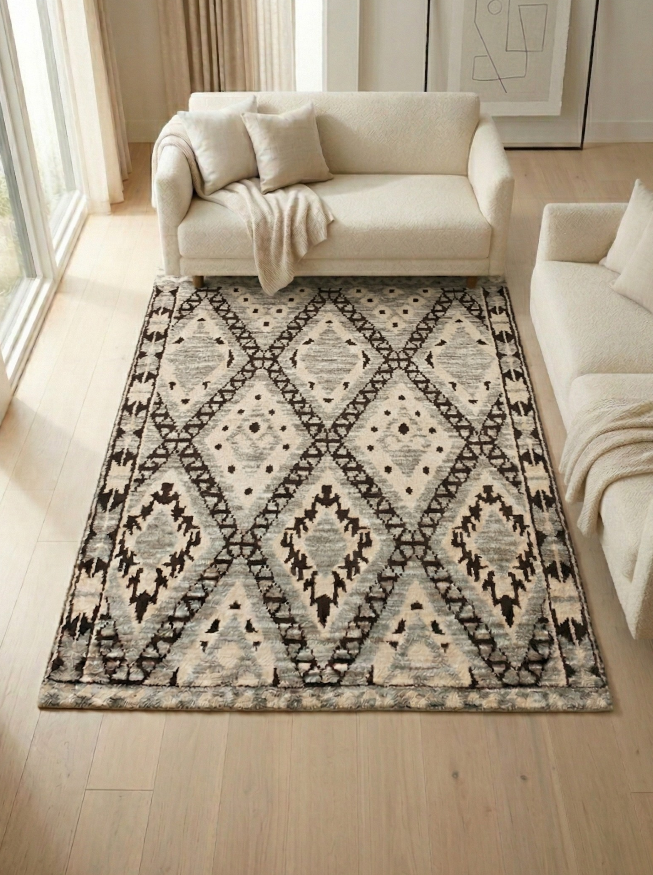 Tapis Indien en laine épaisse inspiration berbère – 147 x 193 cm – ambiance chaleureuse & élégante