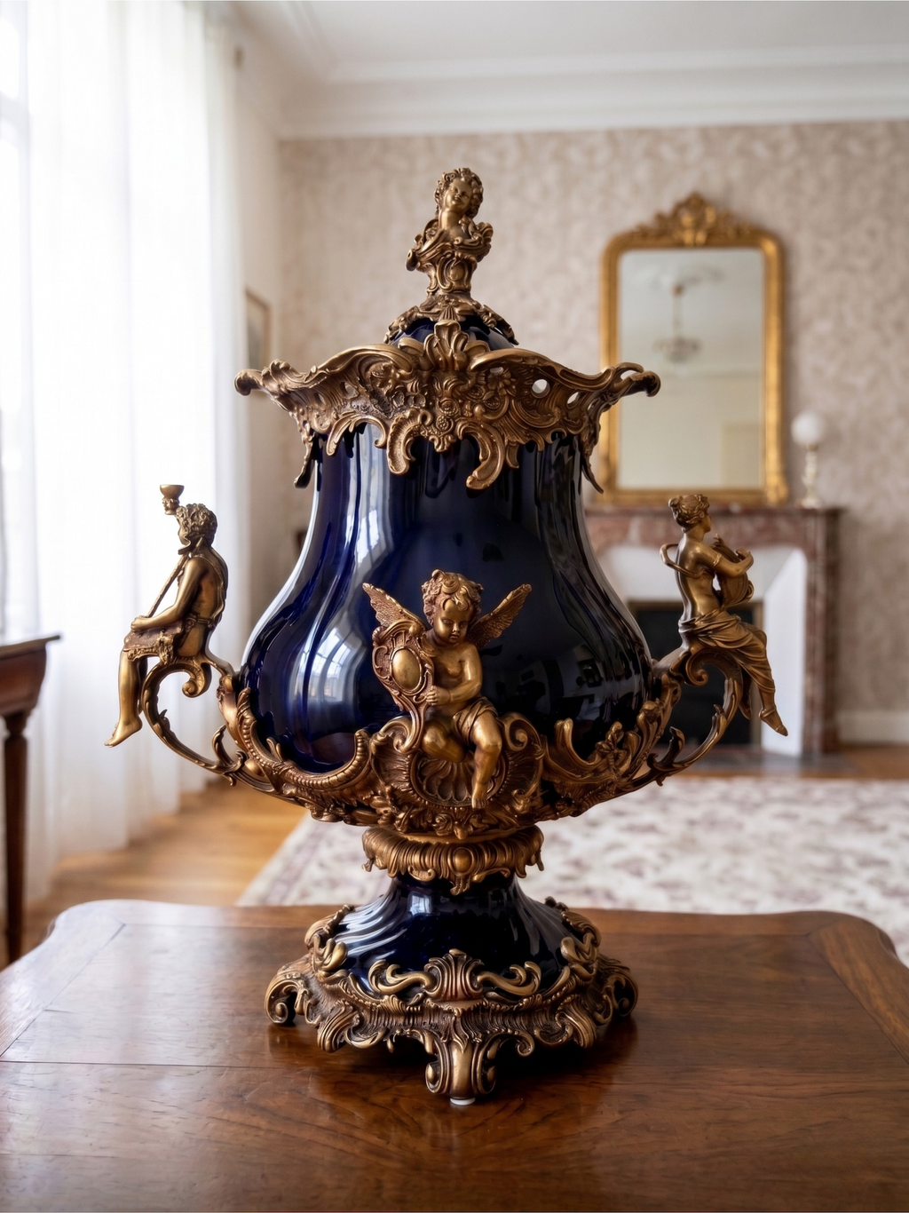 Grande urne couverte style Napoléon III en porcelaine noire et bronze – décor rocaille aux angelots – 49 cm