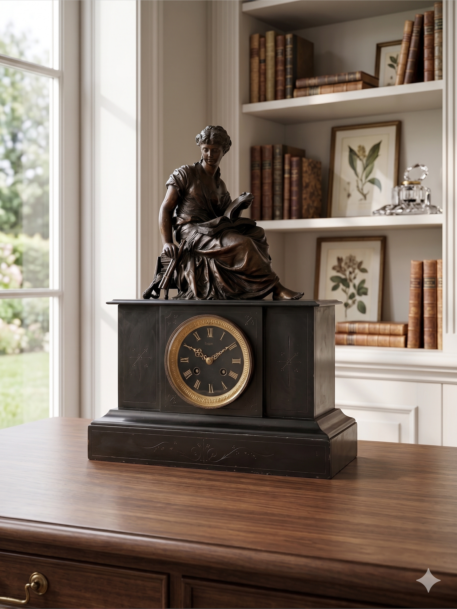 Pendule de cheminée Napoléon III “Euterpe” – Japy Frères – régule patiné – XIXe siècle