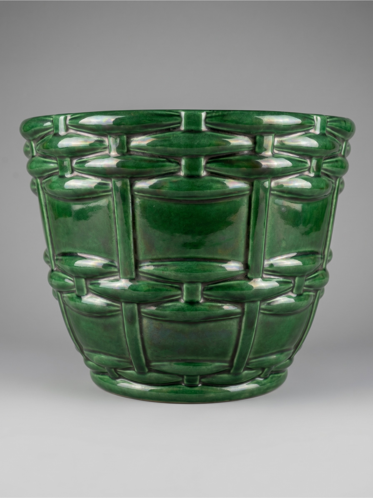 Cache-pot / jardinière Art Déco Saint-Clément signé Blanche Letalle – Céramique émaillée vert malachite