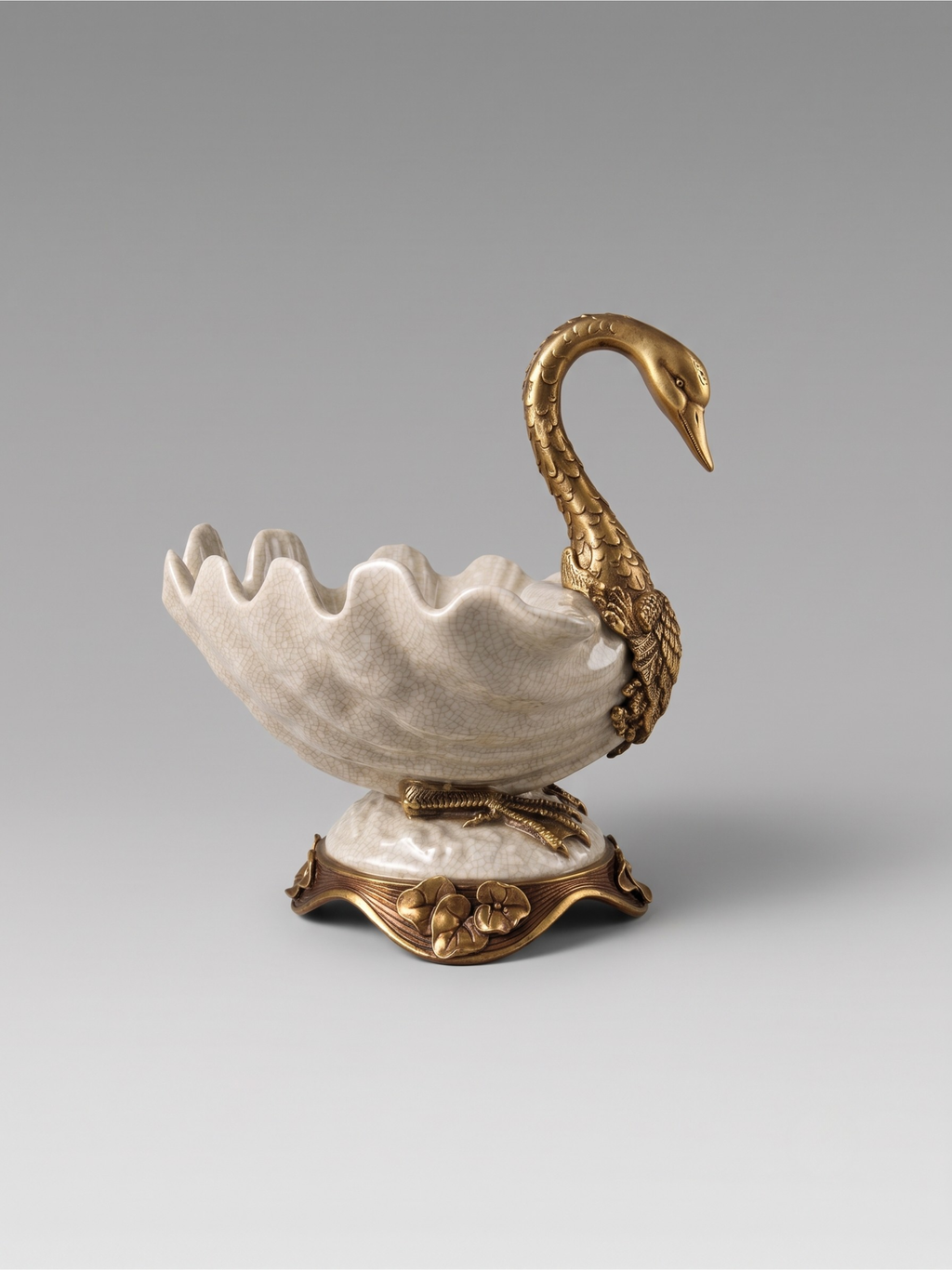 Coupe centre de table décorative au cygne en bronze et porcelaine craquelée – Style Art nouveau / Hollywood Regency