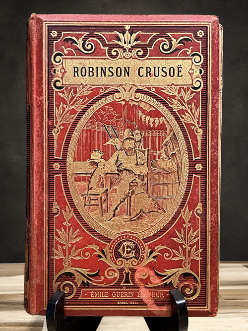 Oud boek „Avonturen van Robinson Crusoé” – Daniel De Foë – Émile Guérin Uitgeverij – Einde 19e eeuw – Rode geïllustreerde boekband