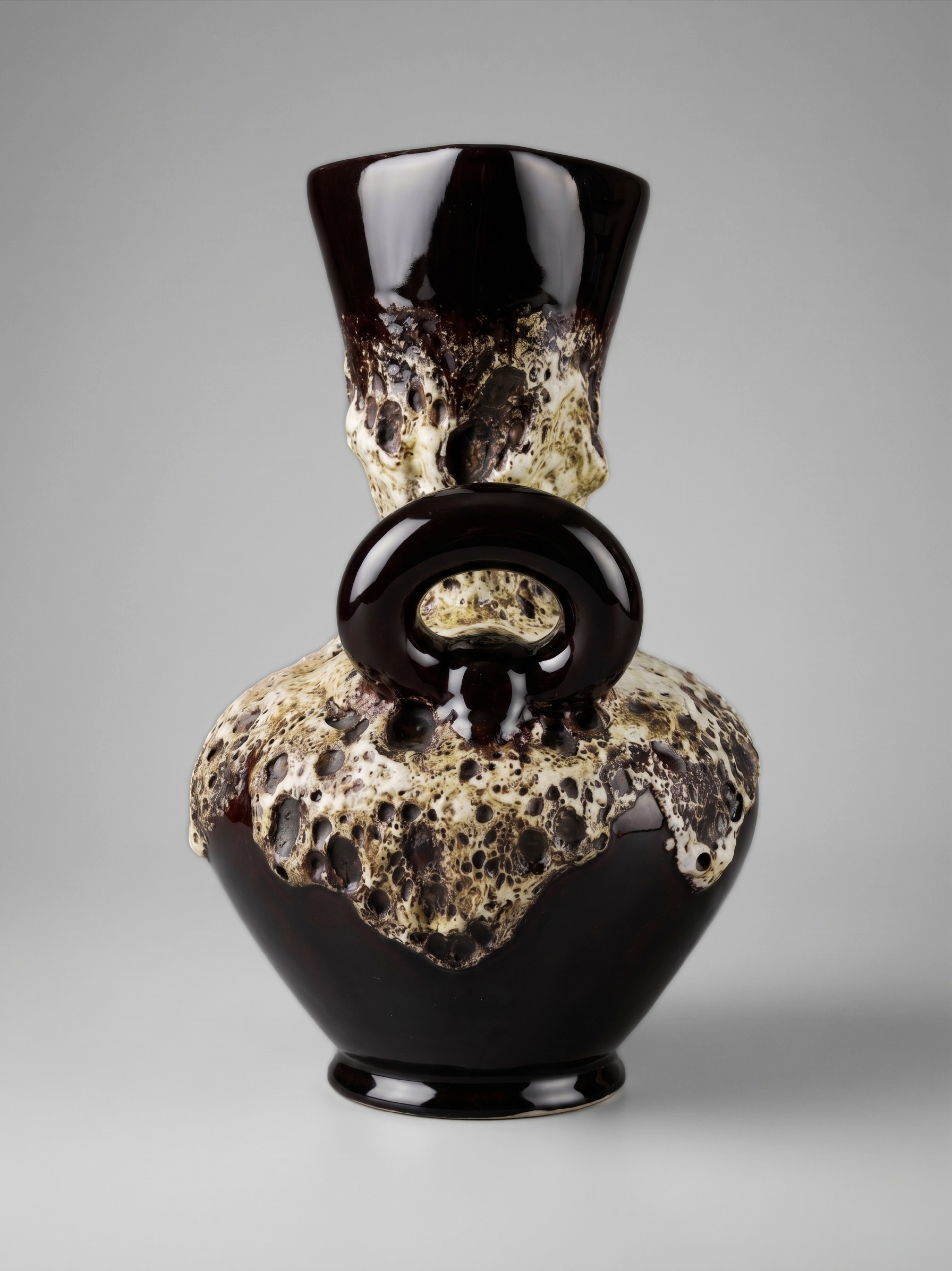 Large Vallauris ceramic vase with handles, "lava" enamel decor, 60s-70s.