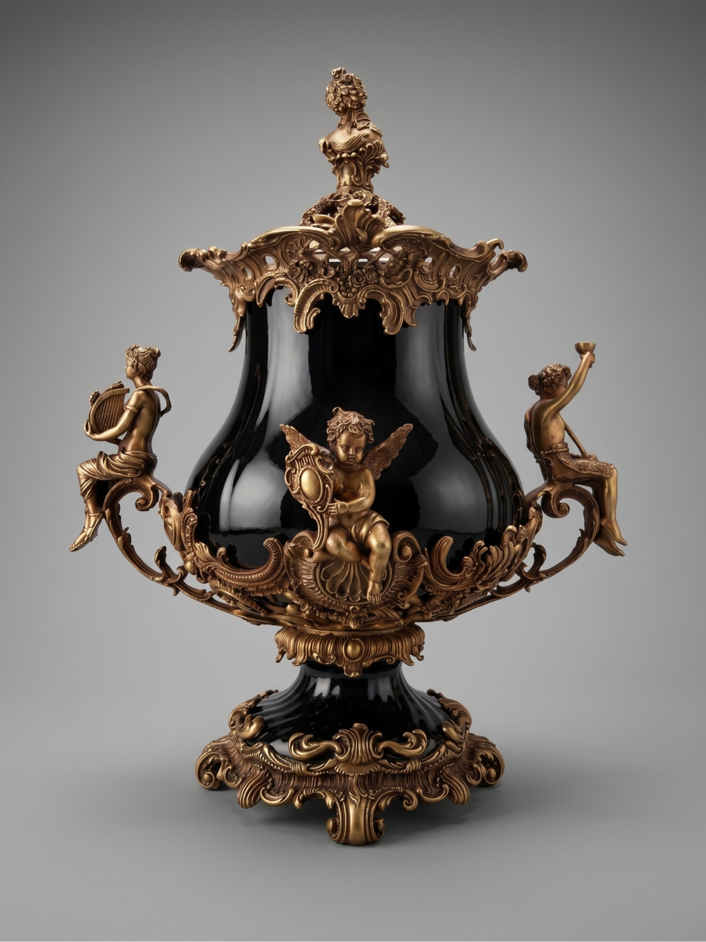 Grande urne couverte style Napoléon III en porcelaine noire et bronze – décor rocaille aux angelots – 49 cm