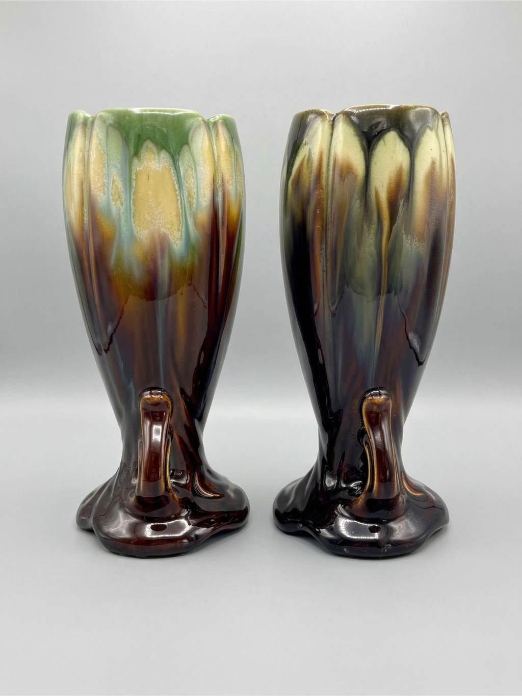 Paire de vases Art Déco / Mid-Century – Faïence belge (attribué Thulin) – Glaçure coulée - 28cm