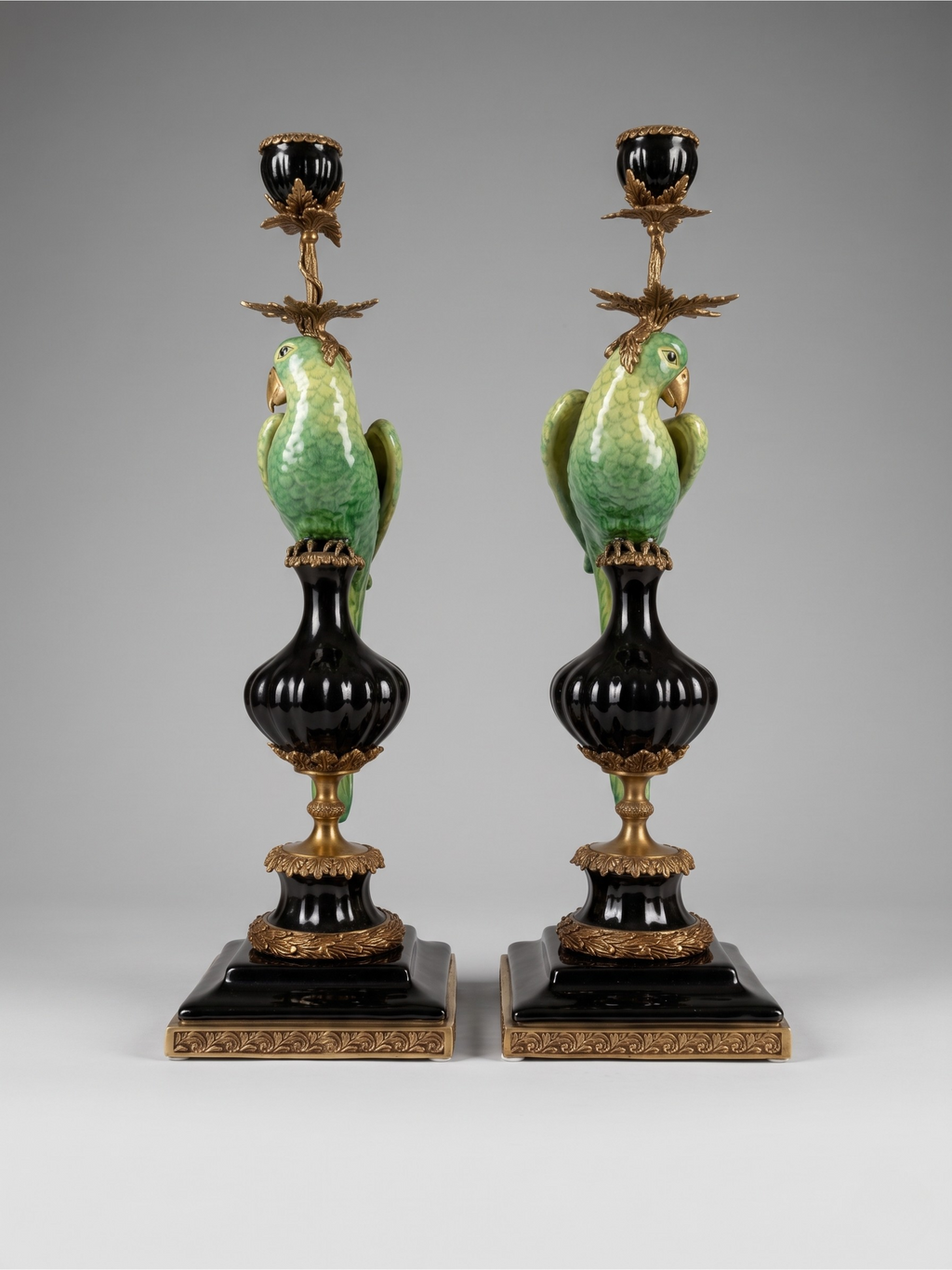 Pair of parrot candlesticks in porcelain and gilt bronze – Louis XVI style – 47 cm