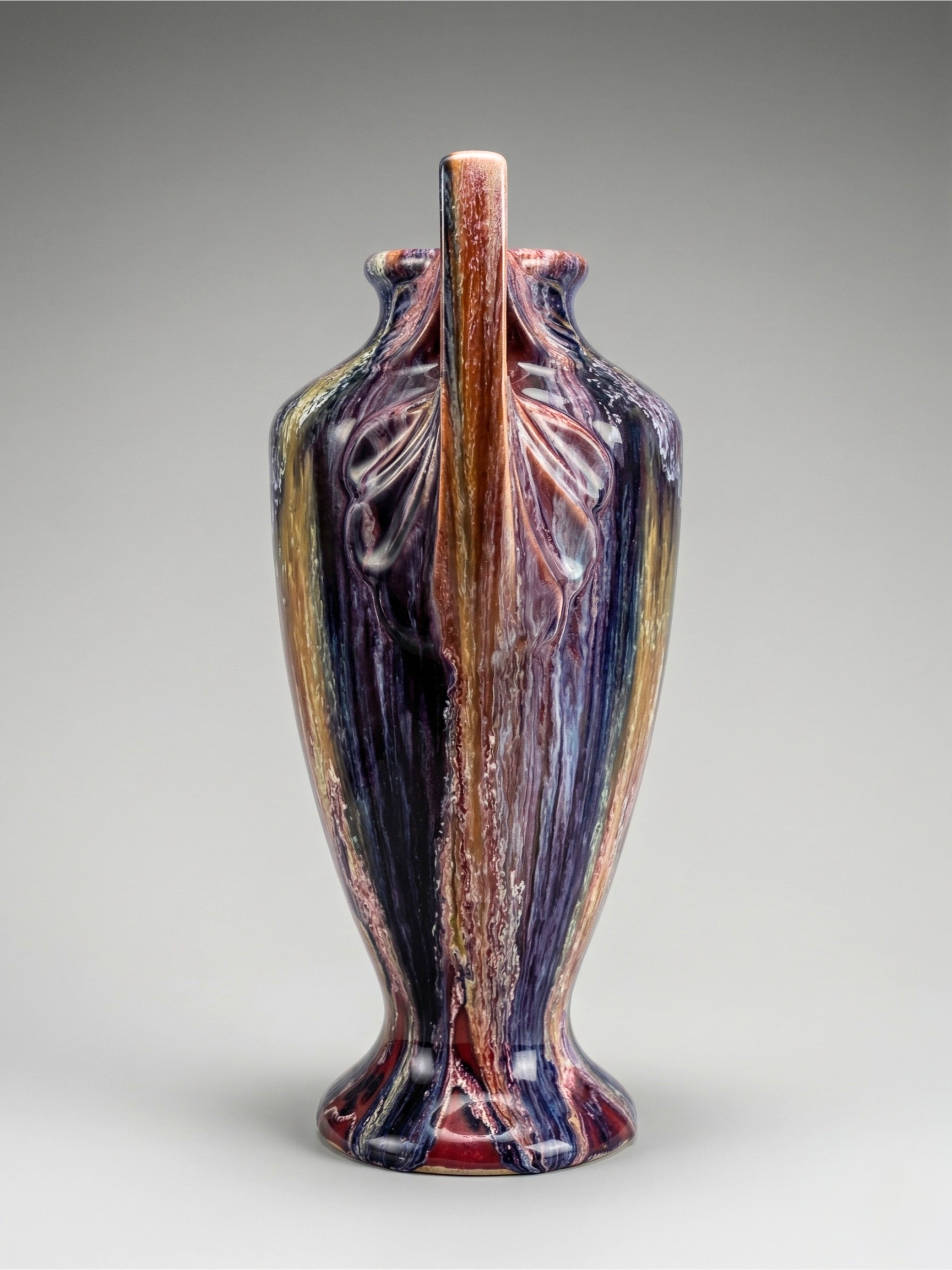 Large Elgé vase – French art pottery – Art Deco handles – polychrome flambé glaze - 32 cm