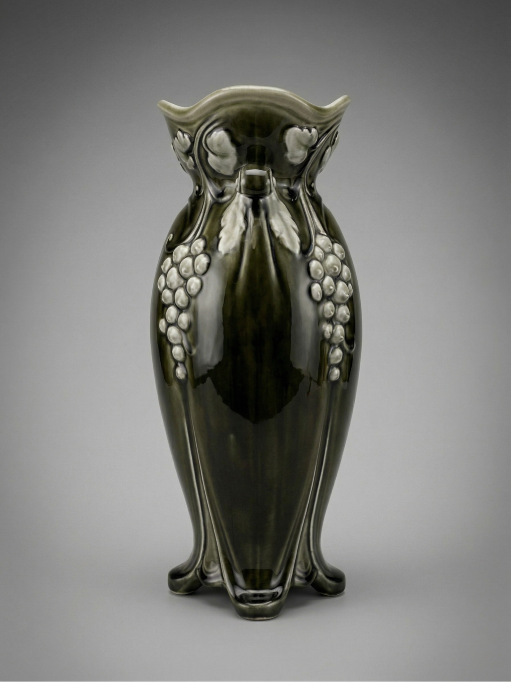 Art Nouveau De Bruyn Vase – Model 4696 – Embossed Grape Decoration – Glazed Ceramic – 29 cm
