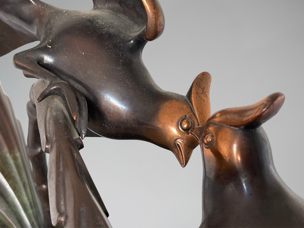 Marcel GUILLEMARD (1886–1932) / Atelier Primavera — Couple de mésanges huppées, importante sculpture Art Déco (77 cm)