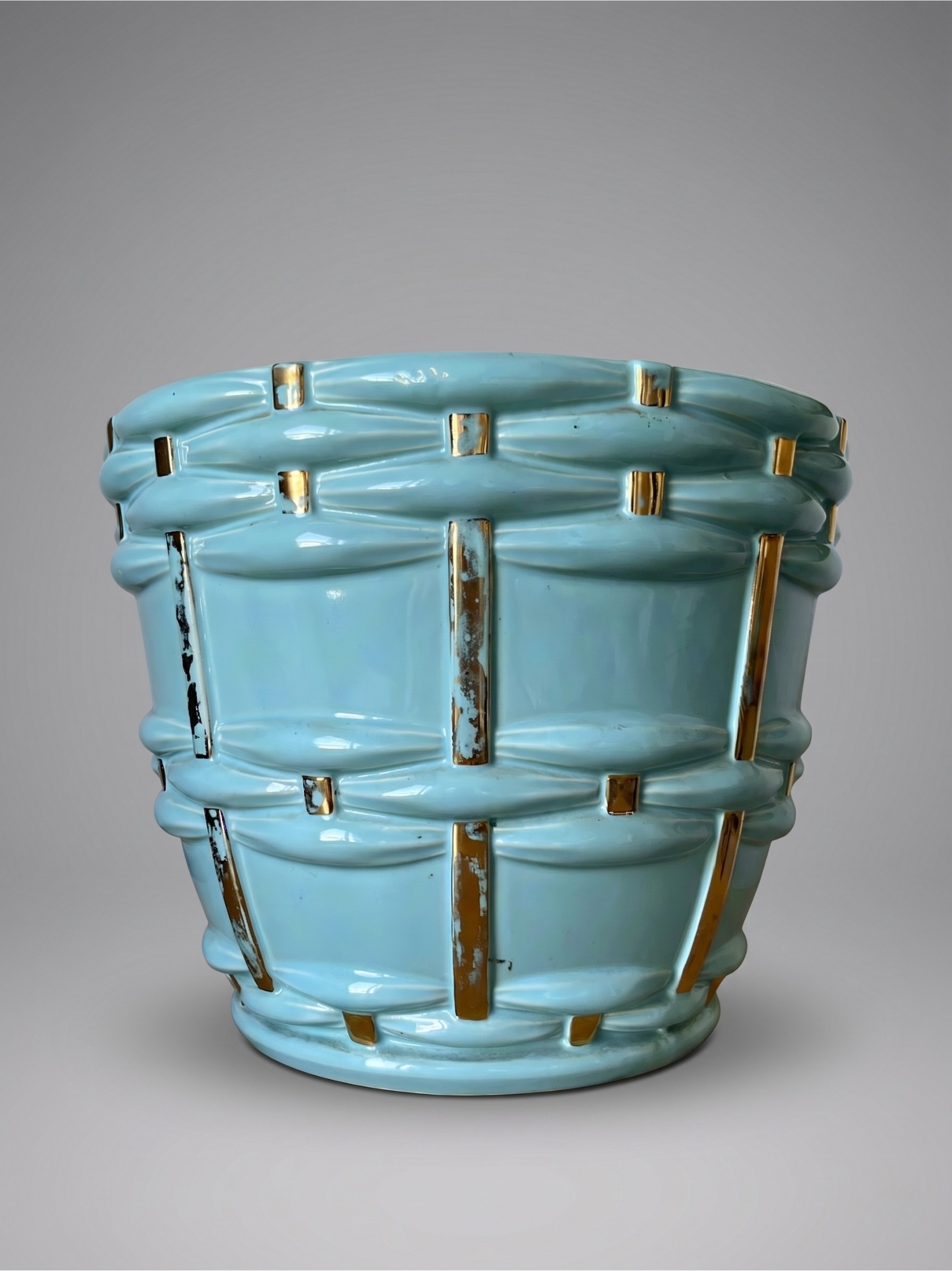 Cache-pot jardinière Saint-Clément signé Blanche Letalle modèle 4086-000 en céramique bleu et dorure – 28 cm