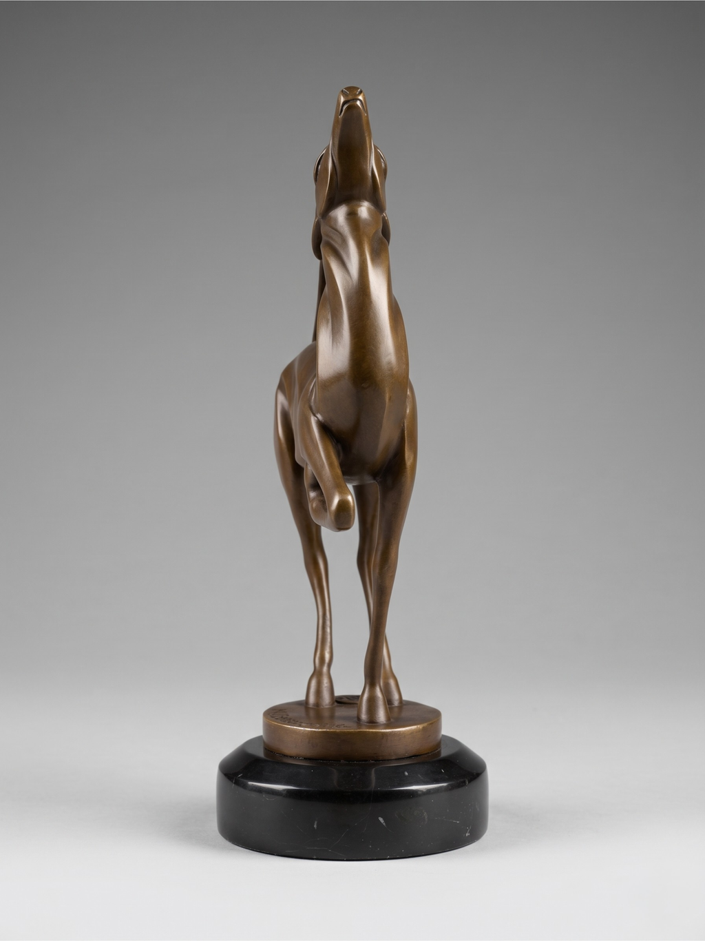 Art Deco patinated bronze antelope sculpture, after Marcel Bouraine, black marble base – 22 cm