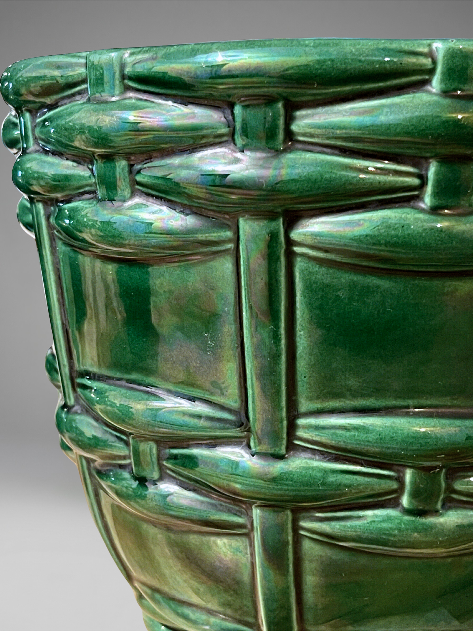 Cache-pot / jardinière Art Déco Saint-Clément signé Blanche Letalle – Céramique émaillée vert malachite