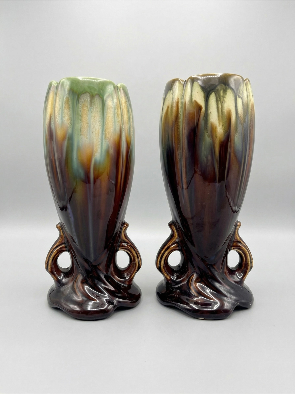 Paire de vases Art Déco / Mid-Century – Faïence belge (attribué Thulin) – Glaçure coulée - 28cm