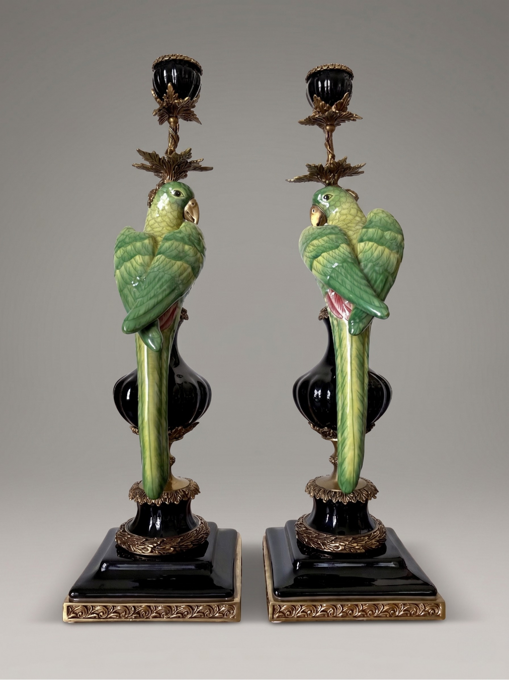 Pair of parrot candlesticks in porcelain and gilt bronze – Louis XVI style – 47 cm