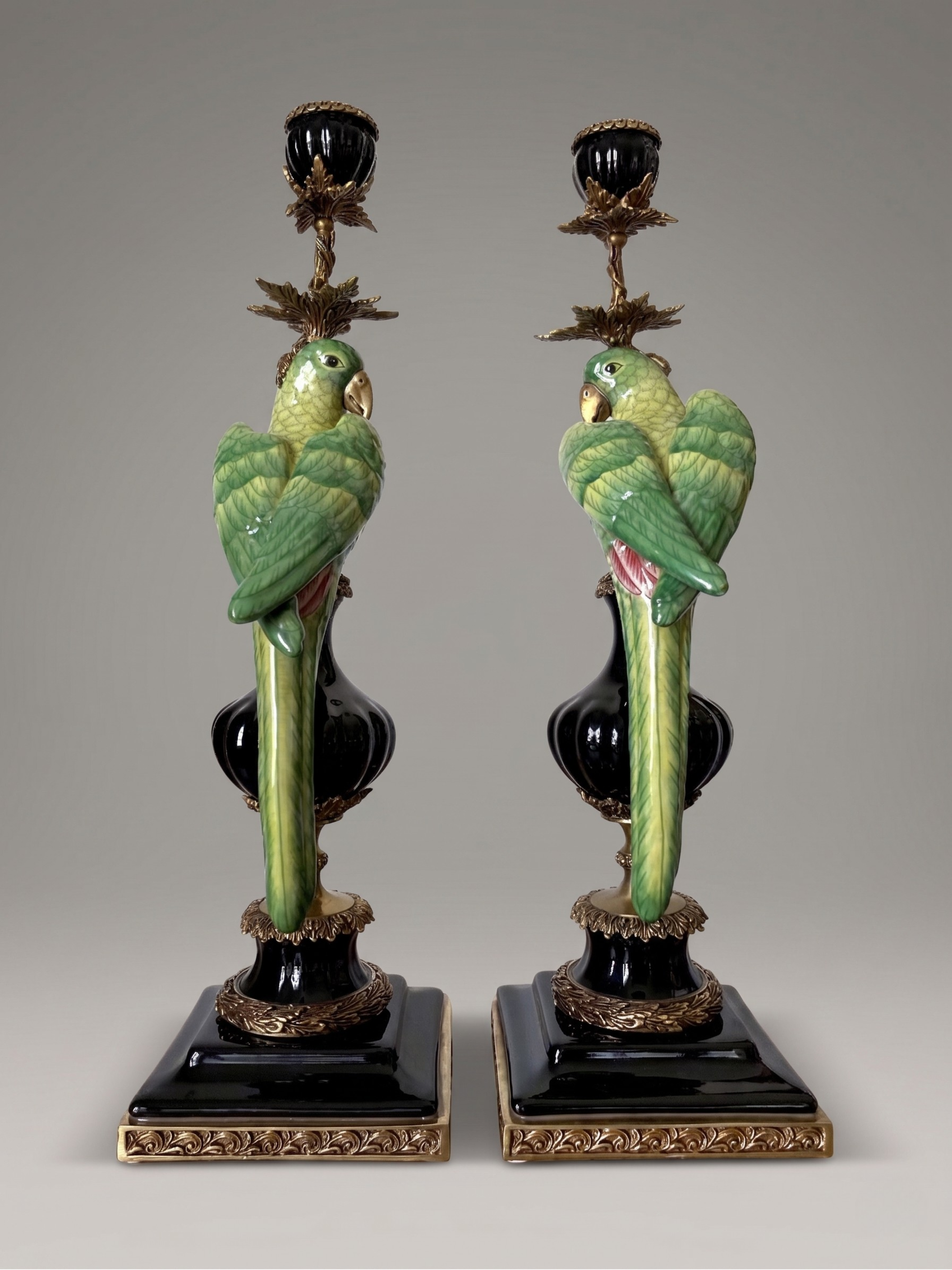 Pair of parrot candlesticks in porcelain and gilt bronze – Louis XVI style – 47 cm