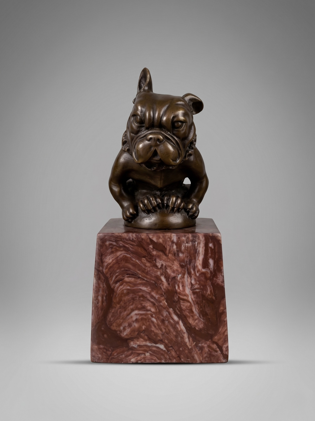 Sculpture de bouledogue en bronze patiné after Bourcart, sur socle en marbre