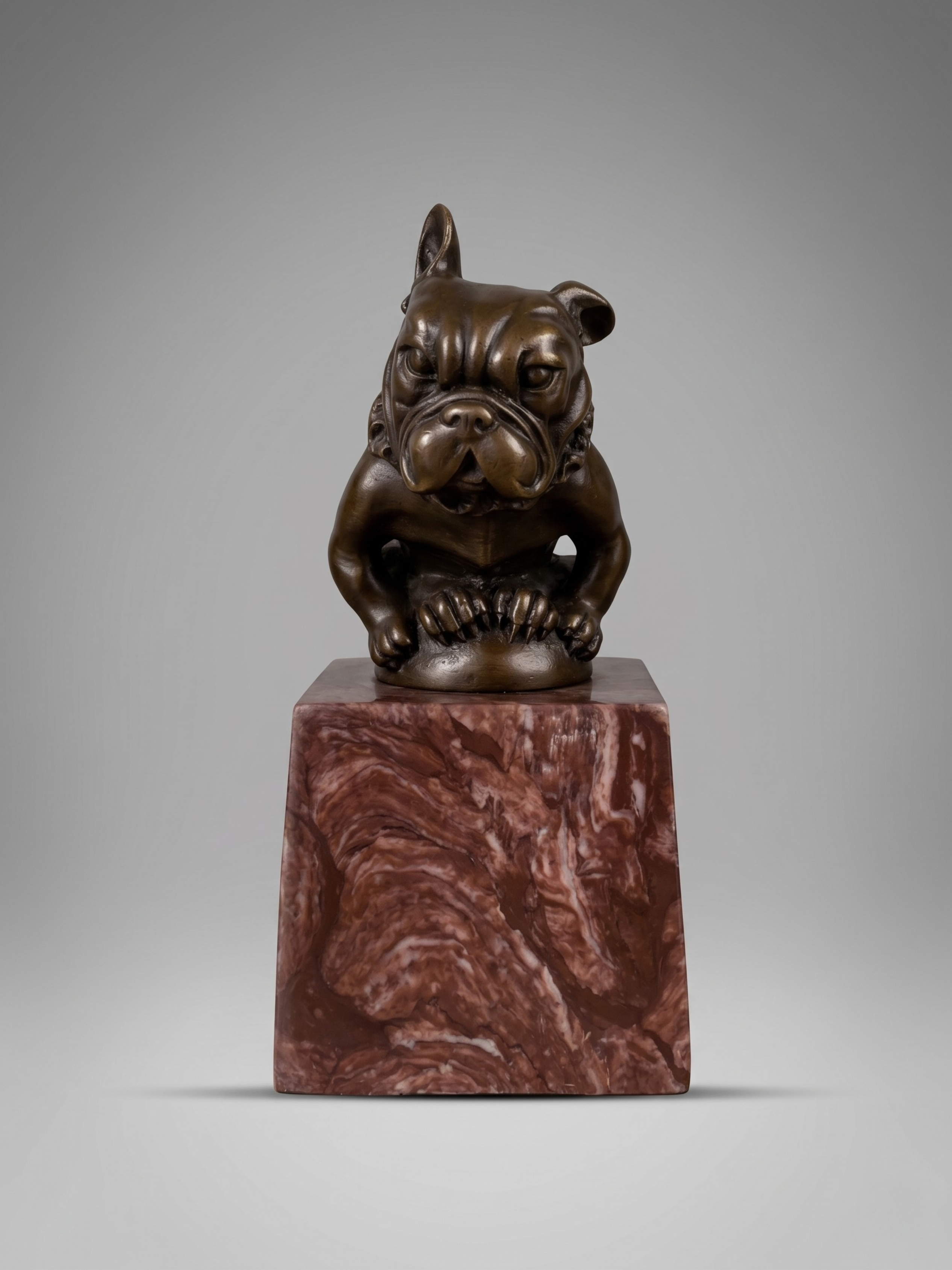 Sculpture de bouledogue en bronze patiné after Bourcart, sur socle en marbre