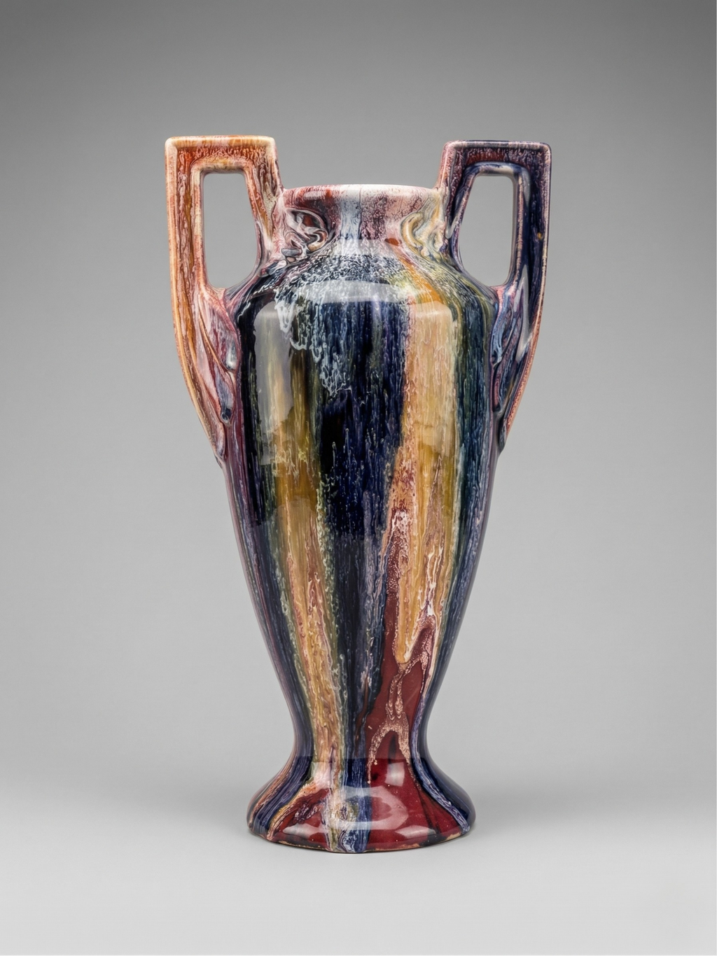 Large Elgé vase – French art pottery – Art Deco handles – polychrome flambé glaze - 32 cm