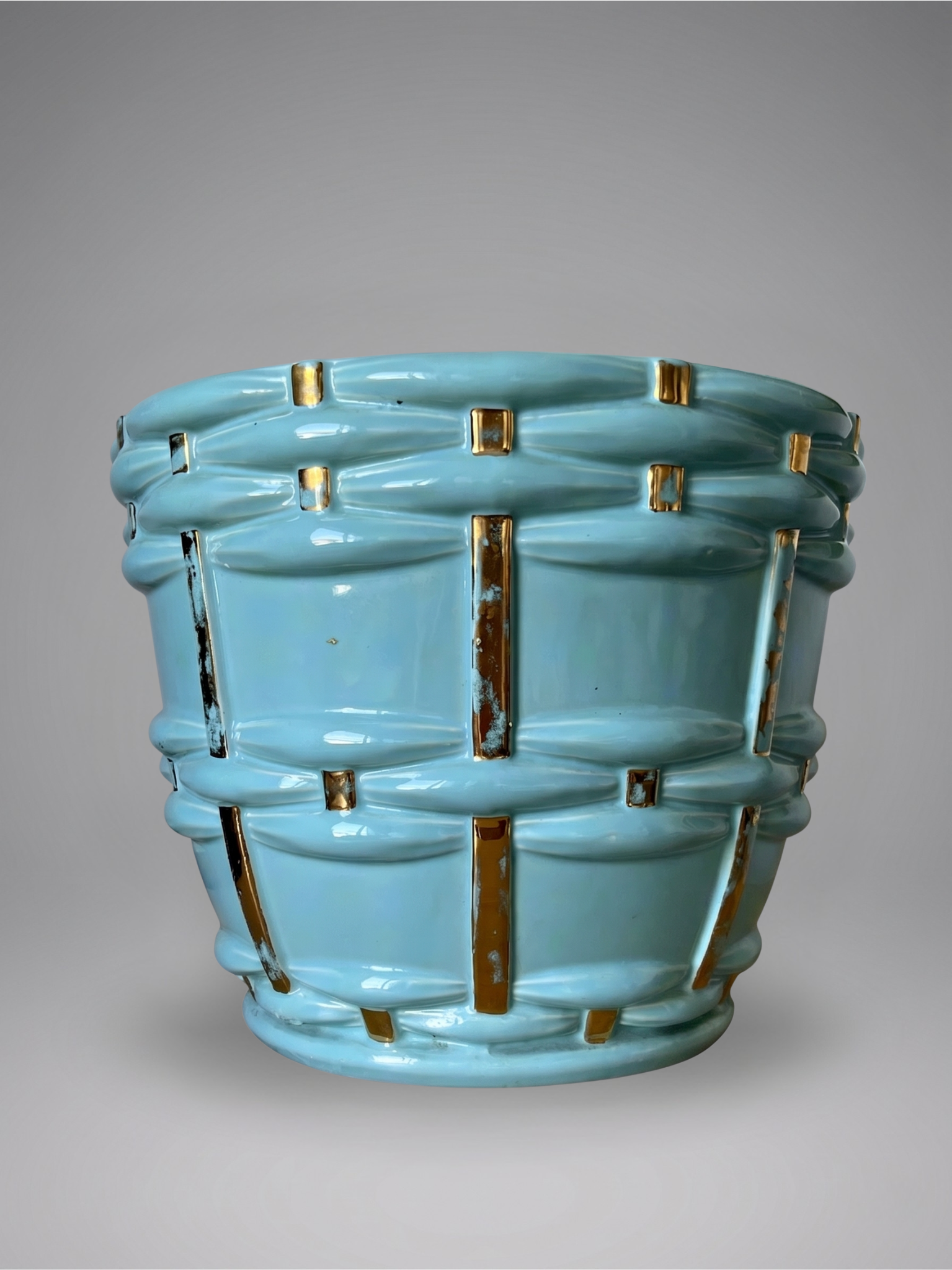 Cache-pot jardinière Saint-Clément signé Blanche Letalle modèle 4086-000 en céramique bleu et dorure – 28 cm