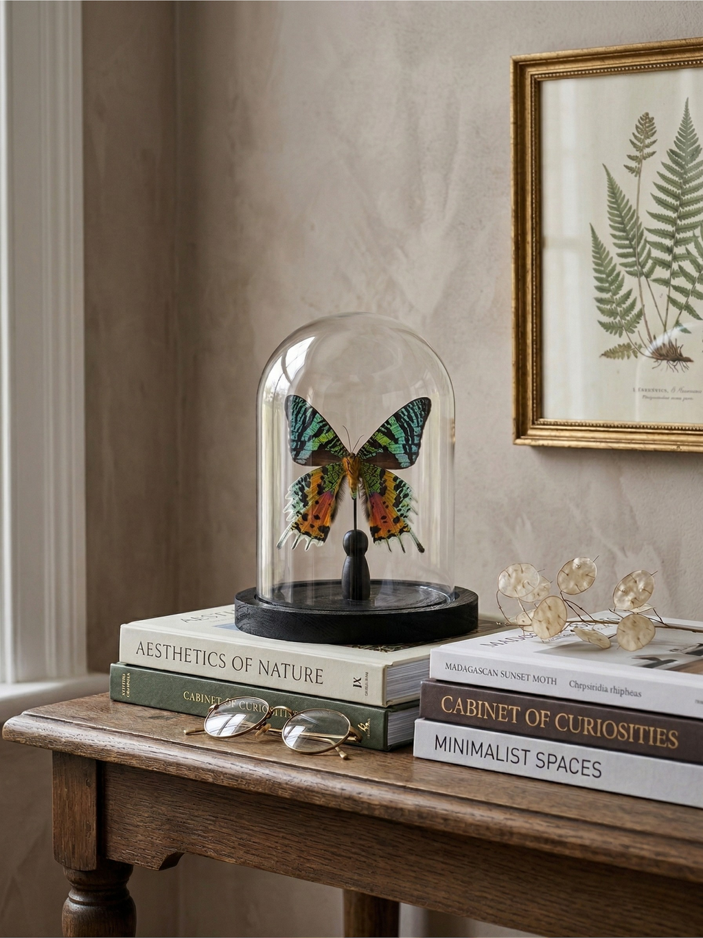 Papillon Urania ripheus naturalisé sous cloche – spécimen exotique iridescent – Globe de 15 cm
