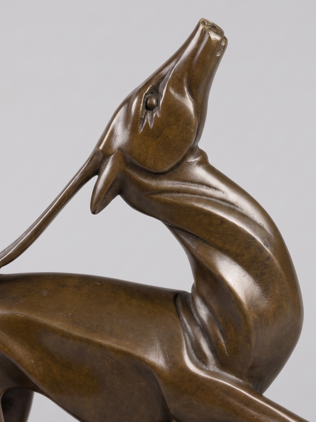 Art Deco patinated bronze antelope sculpture, after Marcel Bouraine, black marble base – 22 cm